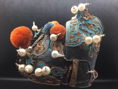 Vintage Gold and Turquoise Chinese Opera Theatre Headdress Orange/Blue Pom Poms