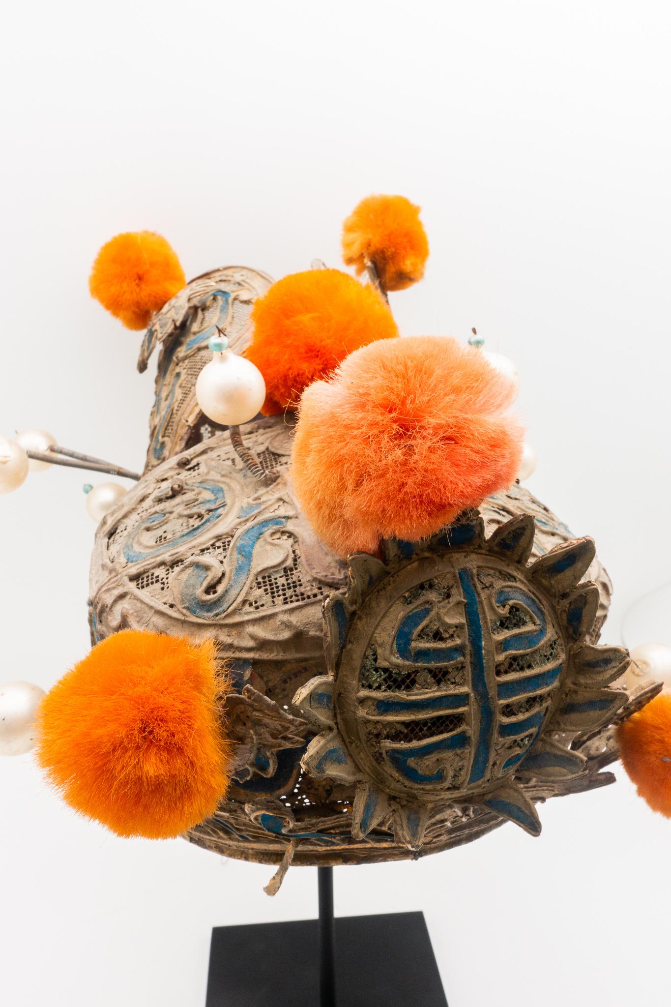 Vintage Gold and Turquoise Chinese Opera Theatre Headdress Orange Pom Poms In Good Condition In New York, NY