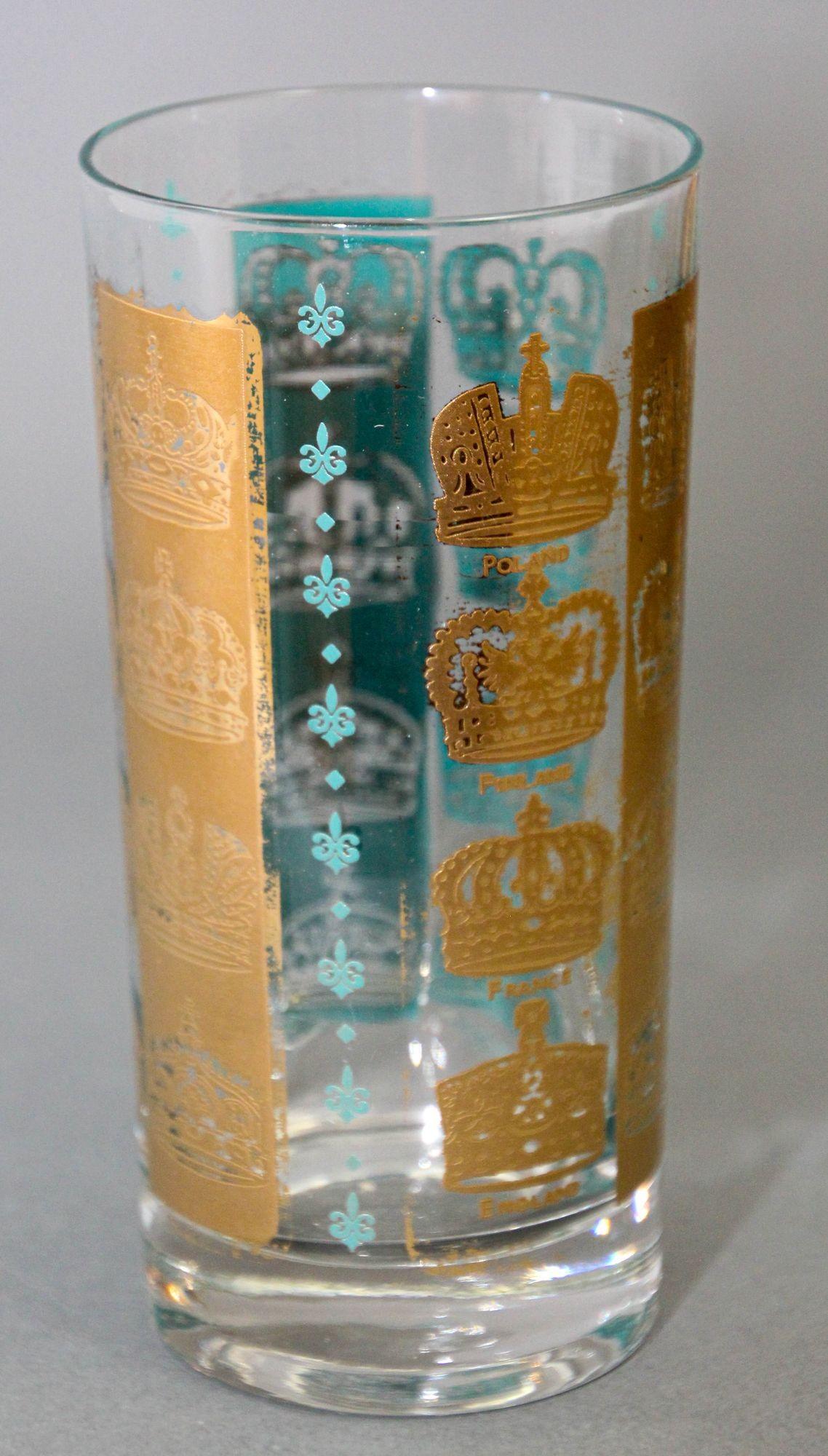 Vintage Gold and Turquoise Highball Glasses with 24K Gold Crowns For Sale 4