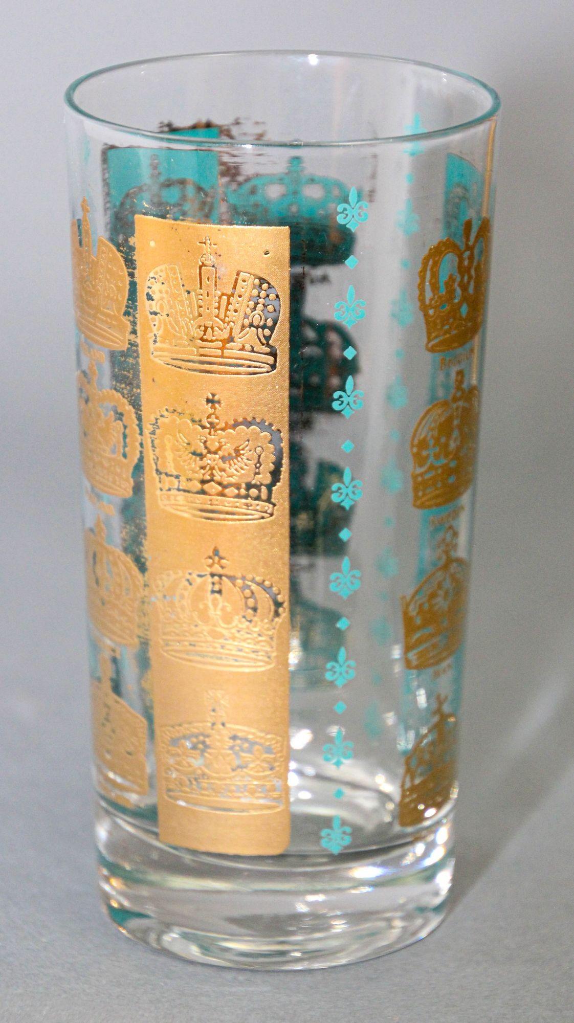 Vintage Gold and Turquoise Highball Glasses with 24K Gold Crowns For Sale 5