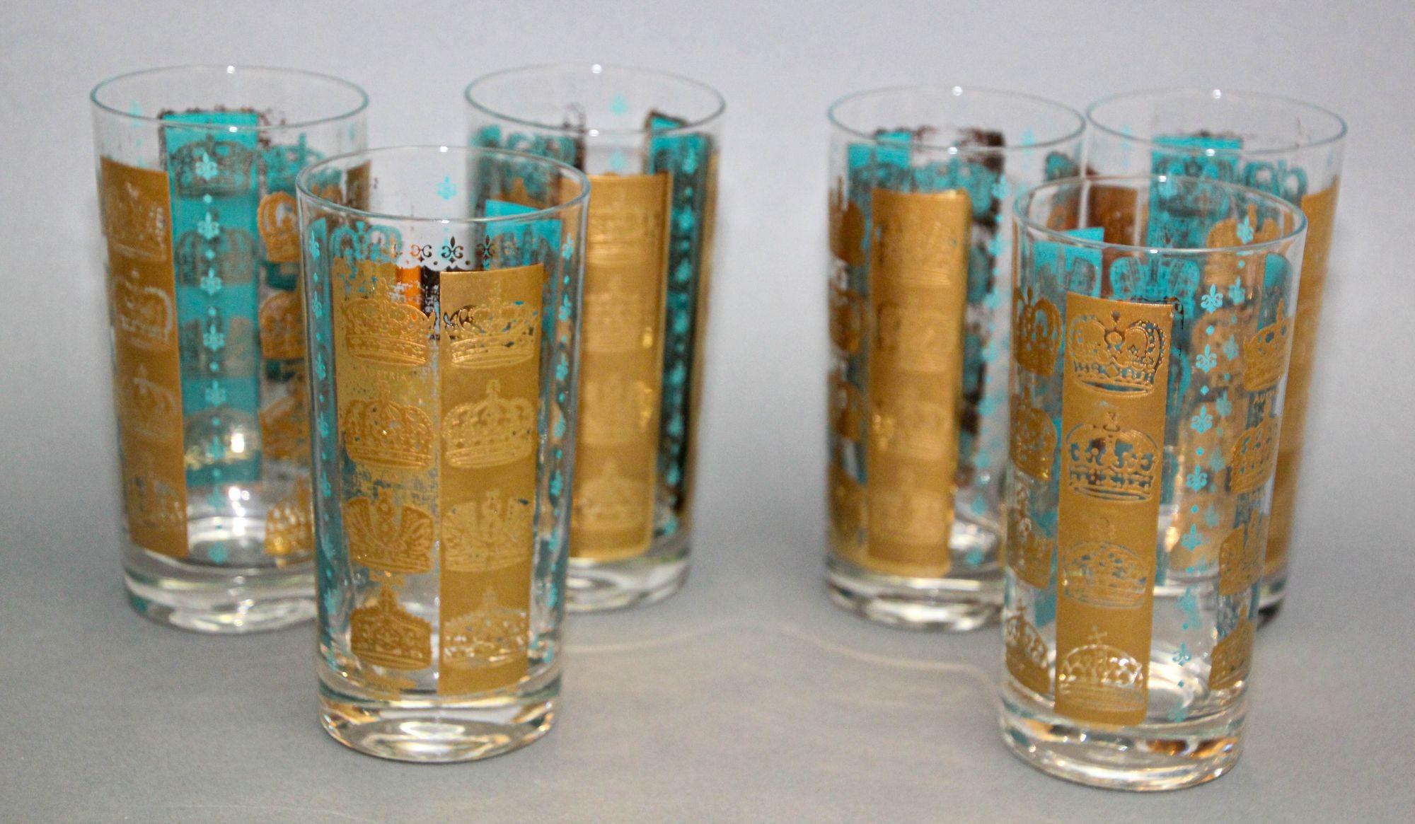 Vintage Gold and Turquoise Highball Glasses with 24K Gold Crowns For Sale 6