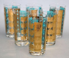 Vintage Gold and Turquoise Highball Glasses with 24K Gold Crowns