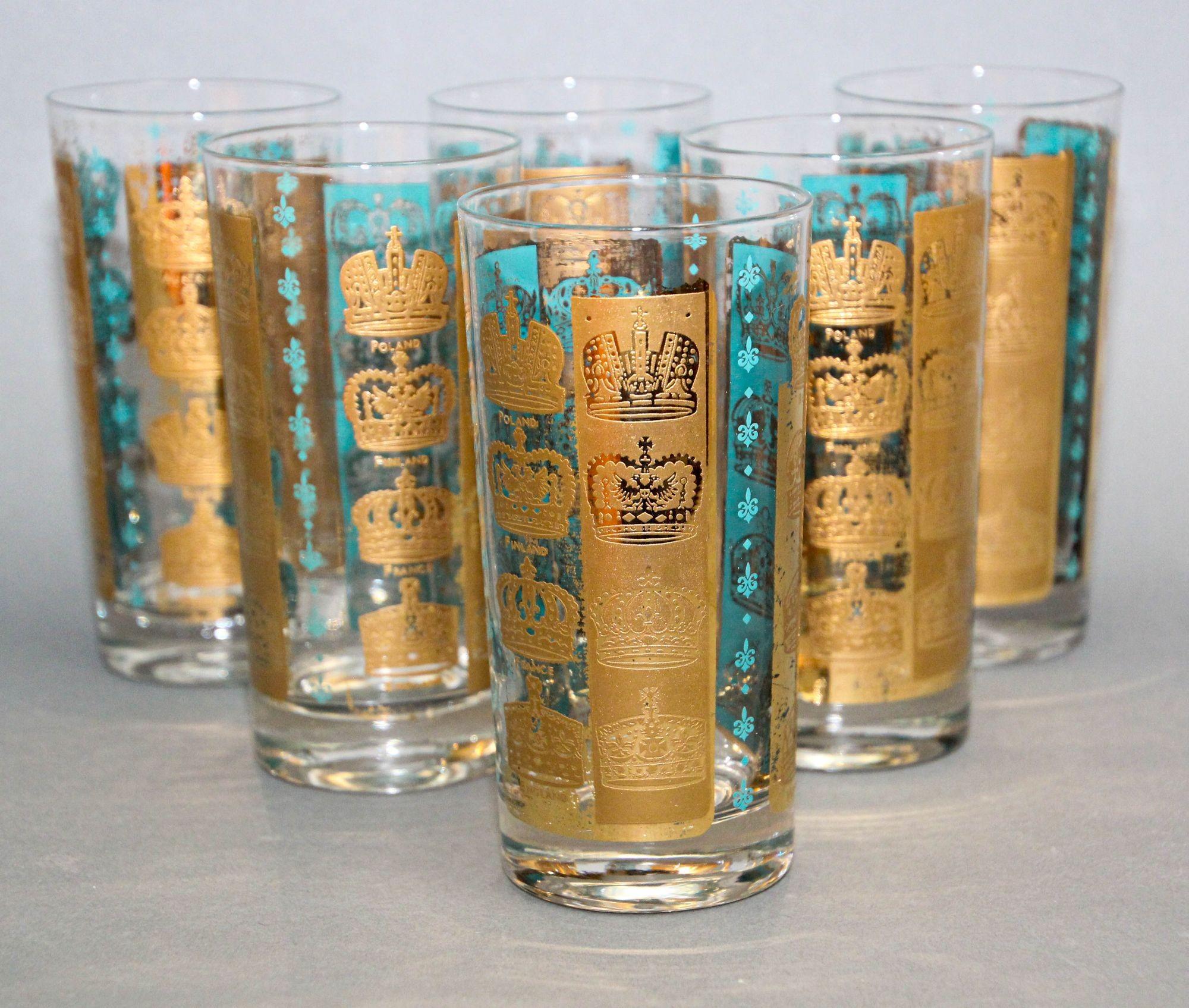 Hollywood Regency Vintage Gold and Turquoise Highball Glasses with 24K Gold Crowns For Sale