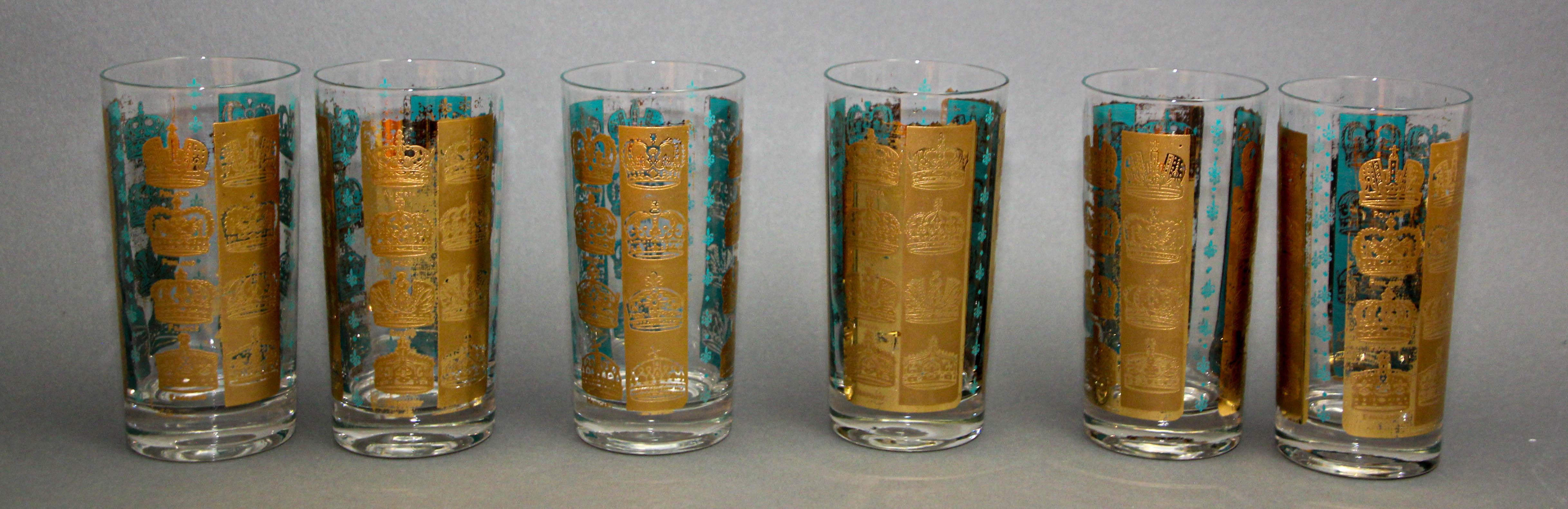 American Vintage Gold and Turquoise Highball Glasses with 24K Gold Crowns For Sale
