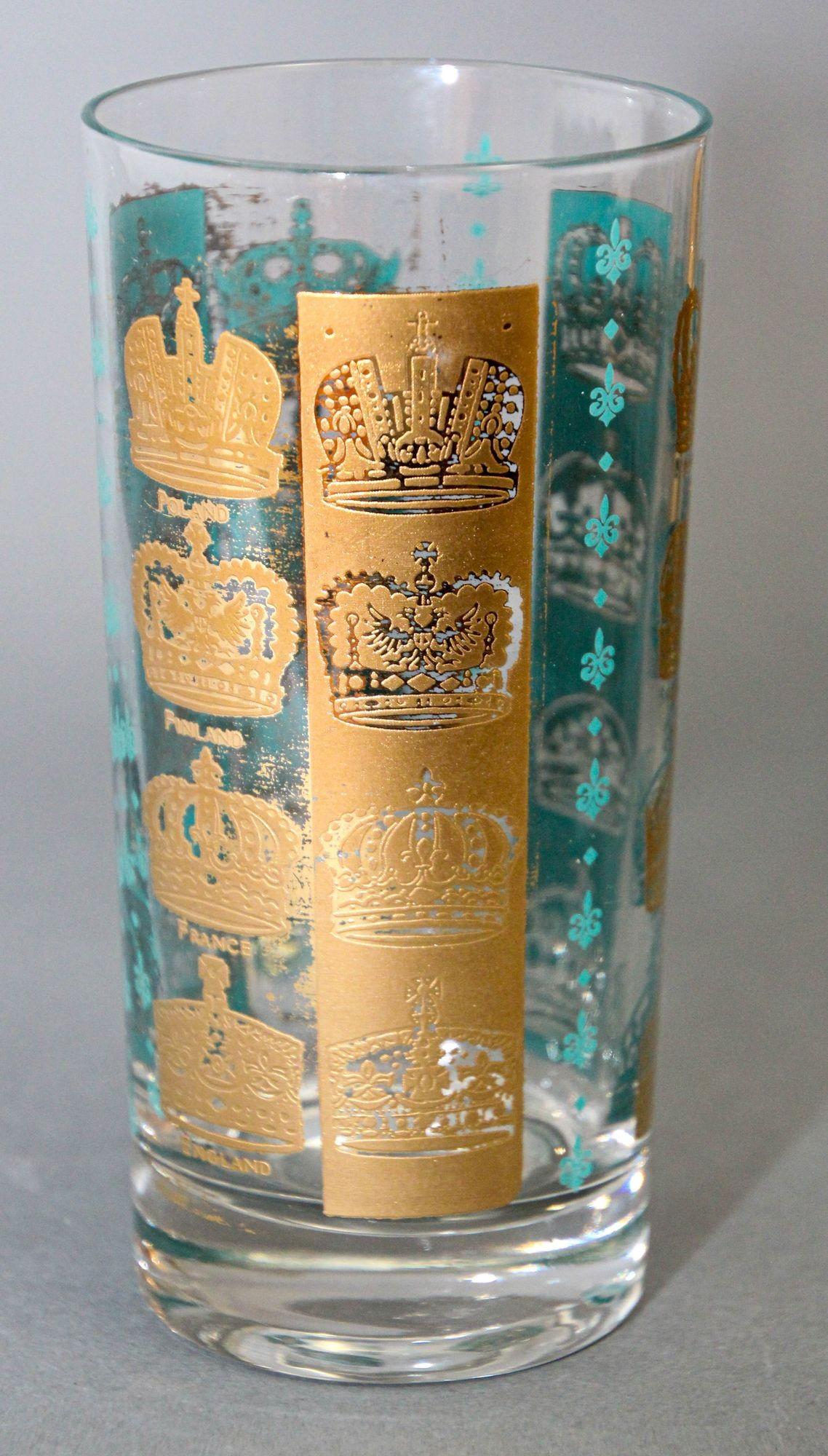 Vintage Gold and Turquoise Highball Glasses with 24K Gold Crowns In Good Condition For Sale In North Hollywood, CA