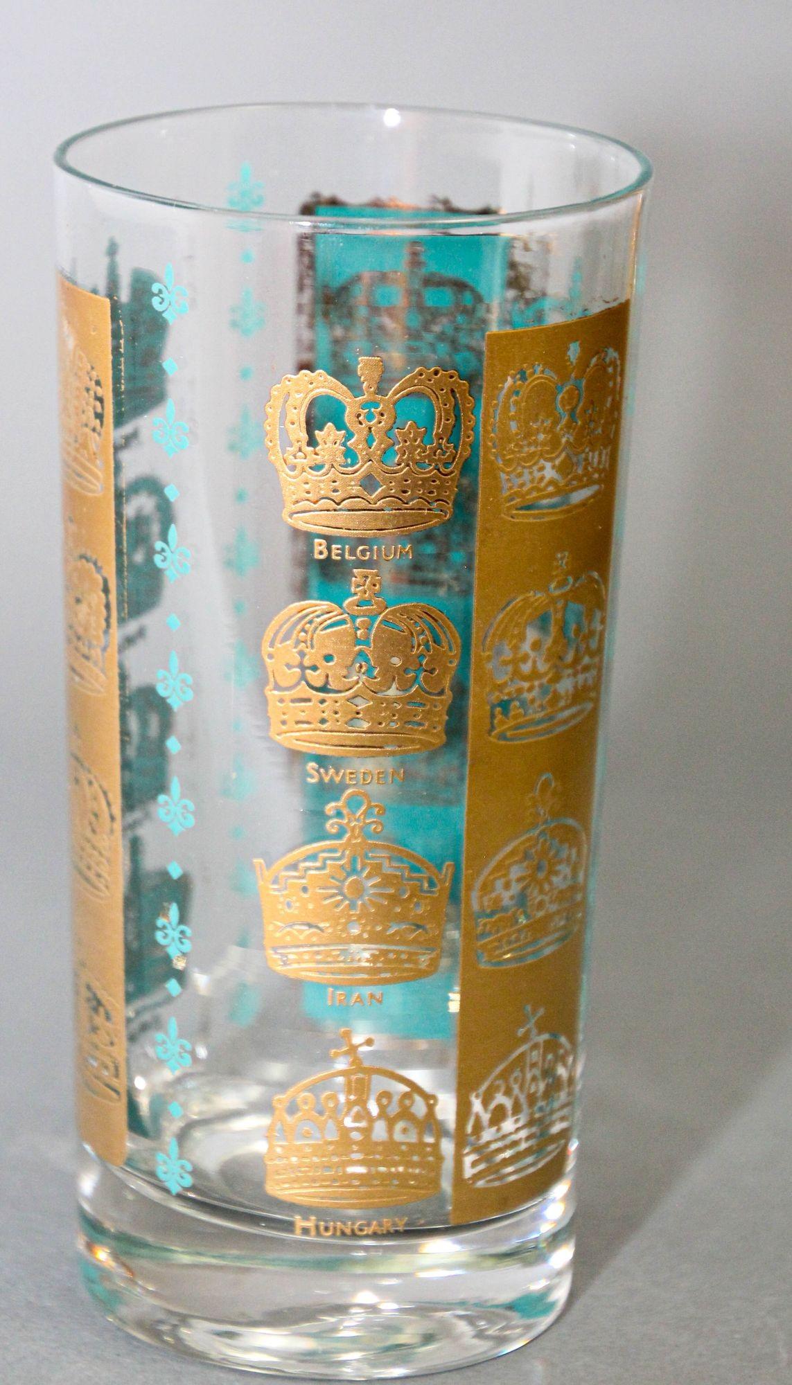 20th Century Vintage Gold and Turquoise Highball Glasses with 24K Gold Crowns For Sale