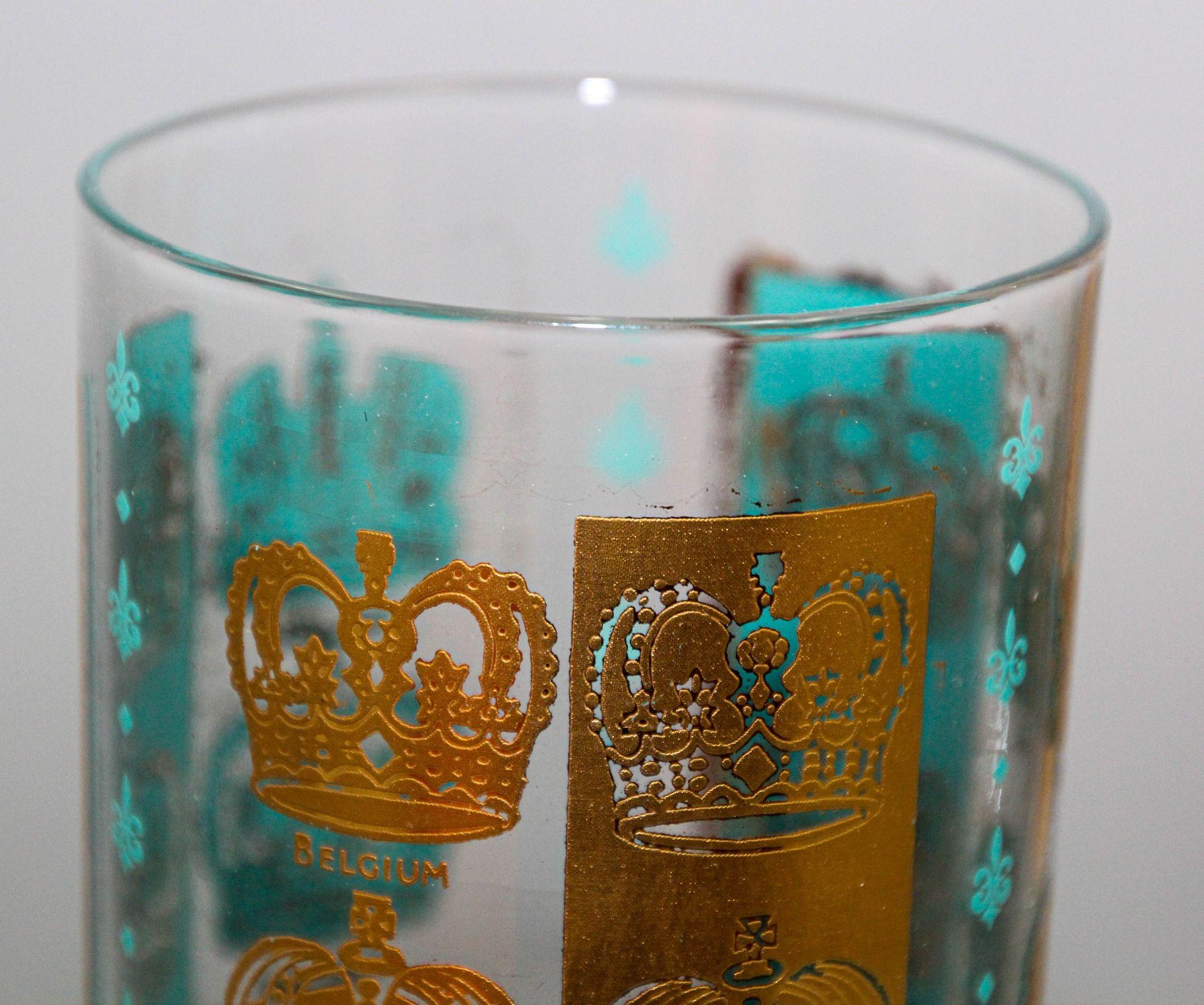 Vintage Gold and Turquoise Highball Glasses with 24K Gold Crowns For Sale 1