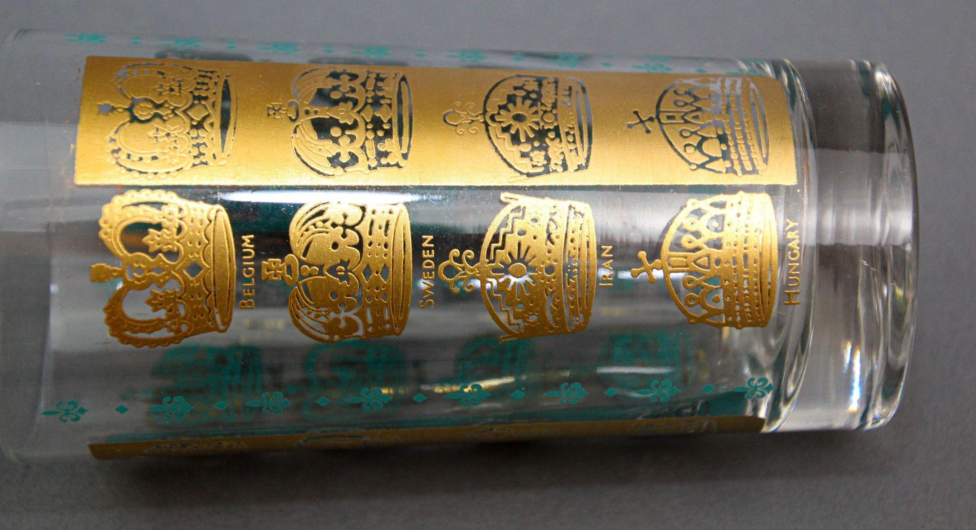 Vintage Gold and Turquoise Highball Glasses with 24K Gold Crowns For Sale 2