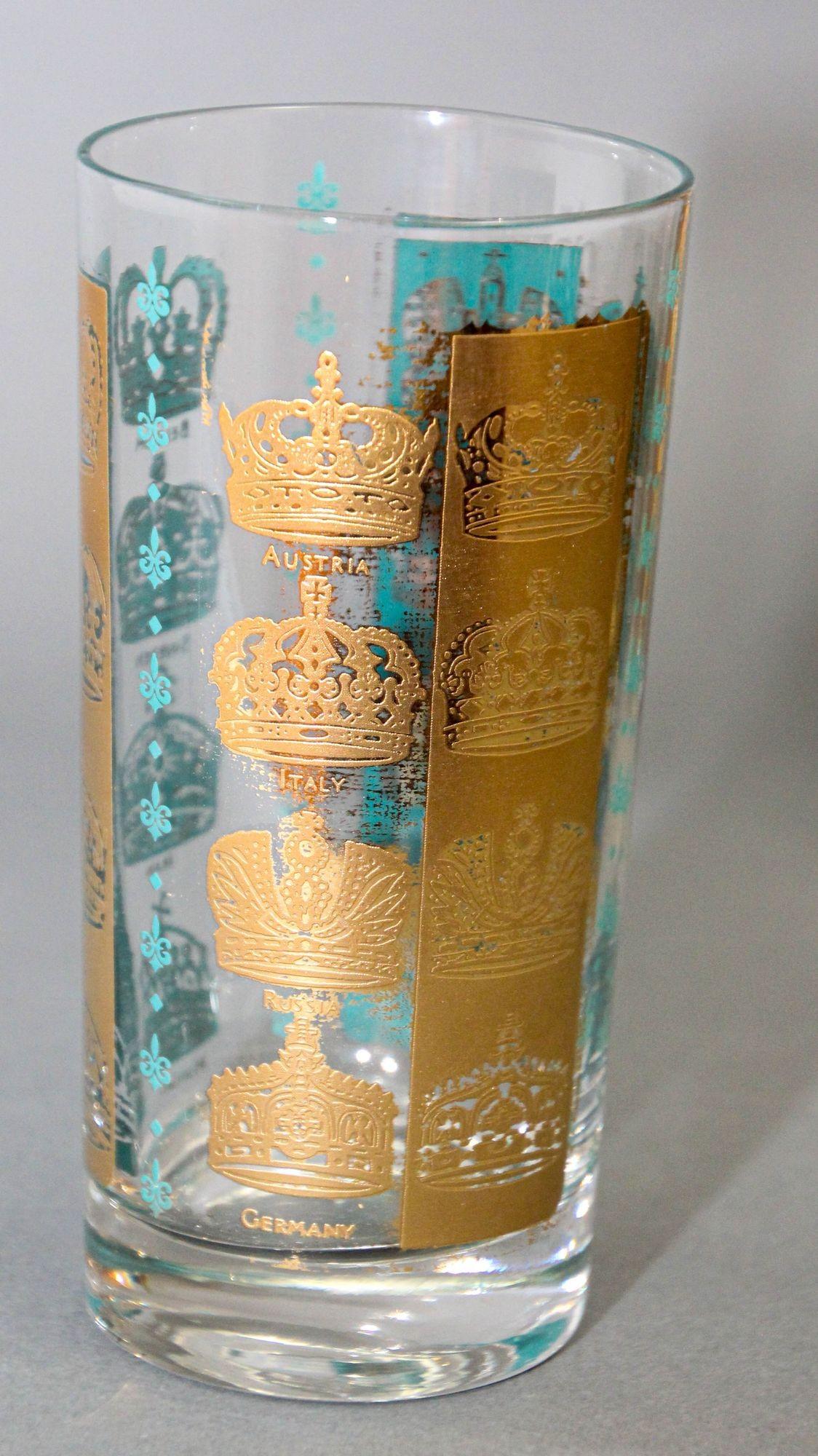 Vintage Gold and Turquoise Highball Glasses with 24K Gold Crowns For Sale 3