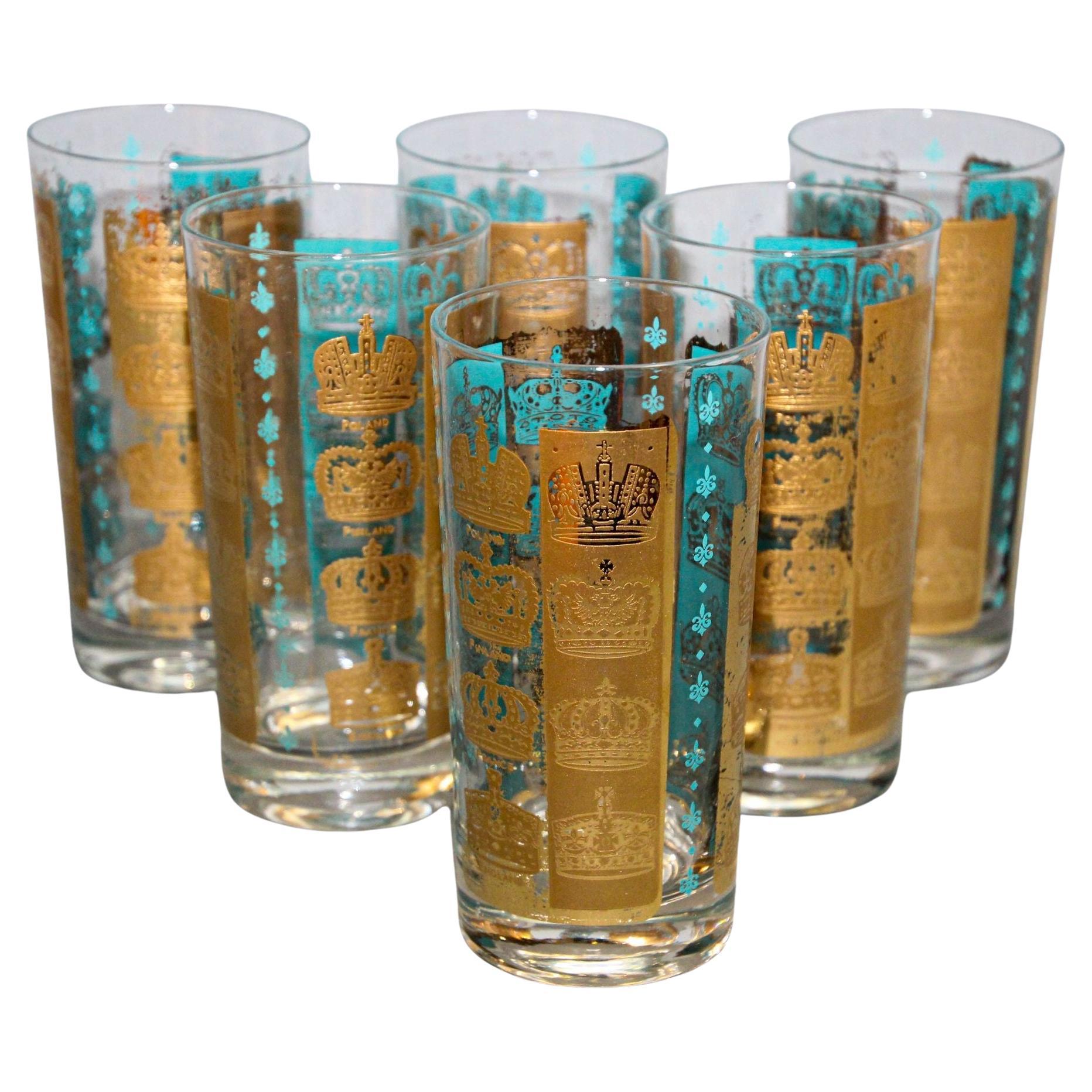 Vintage Gold and Turquoise Highball Glasses with 24K Gold Crowns