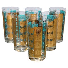 Vintage Gold and Turquoise Highball Glasses with 24K Gold Crowns