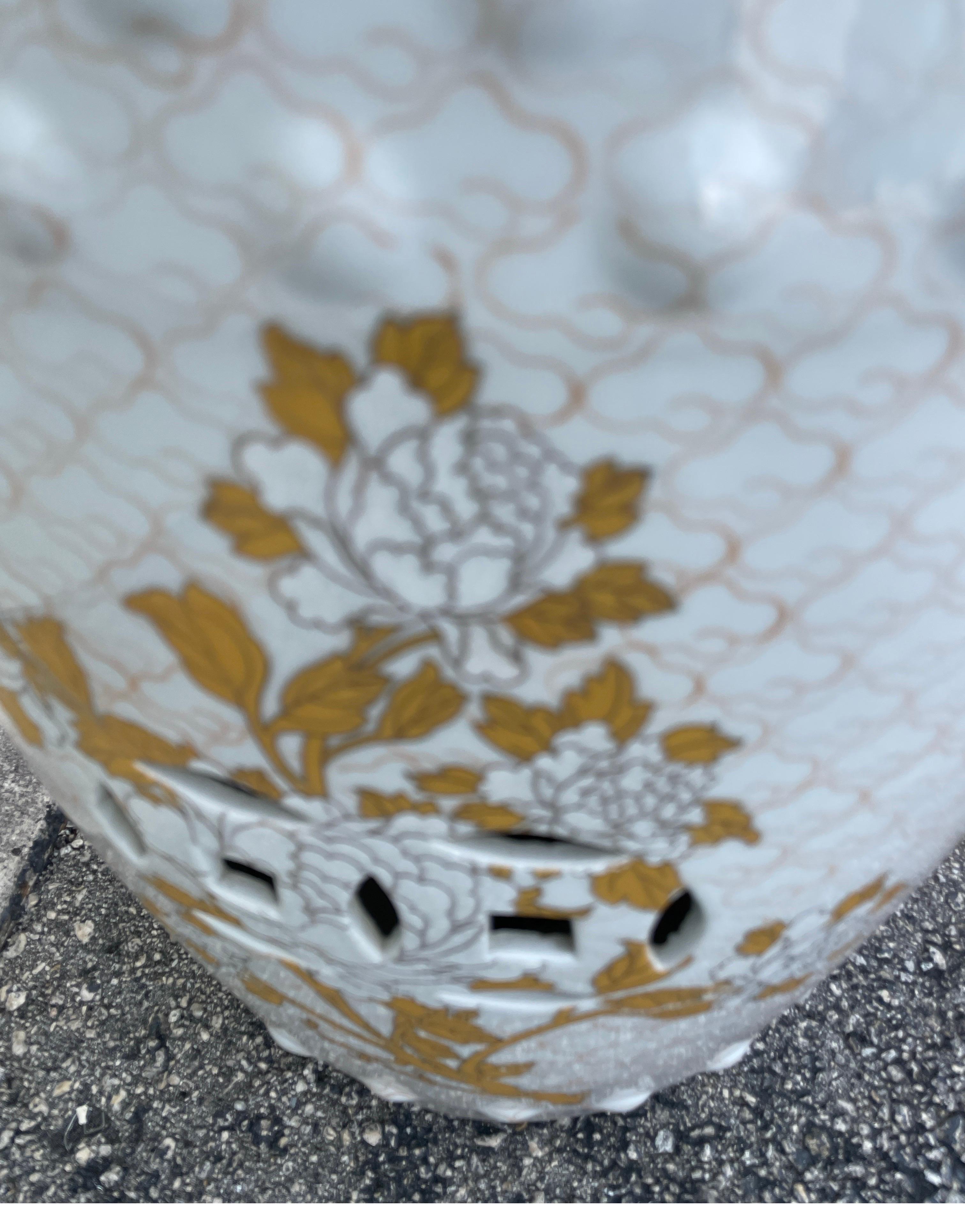 Porcelain Vintage Gold and White Floral Garden Seat For Sale