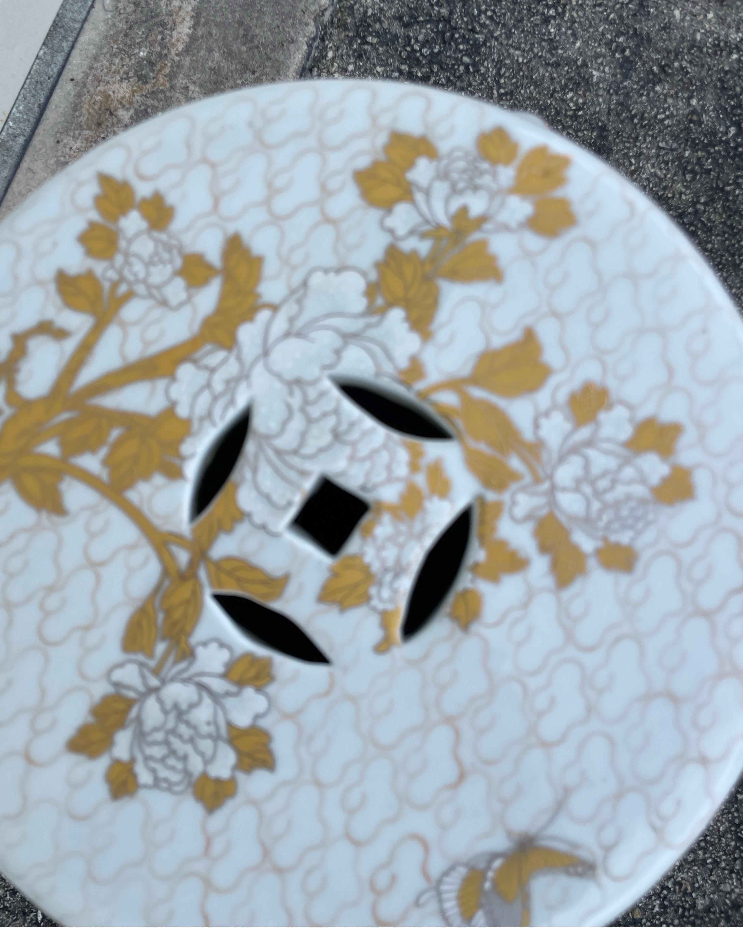 Vintage Gold and White Floral Garden Seat For Sale 1