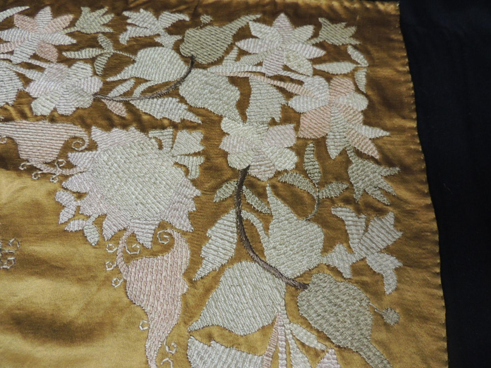 Uzbek Vintage Gold and Yellow Satin Square Embroidered Suzani Textile Panel