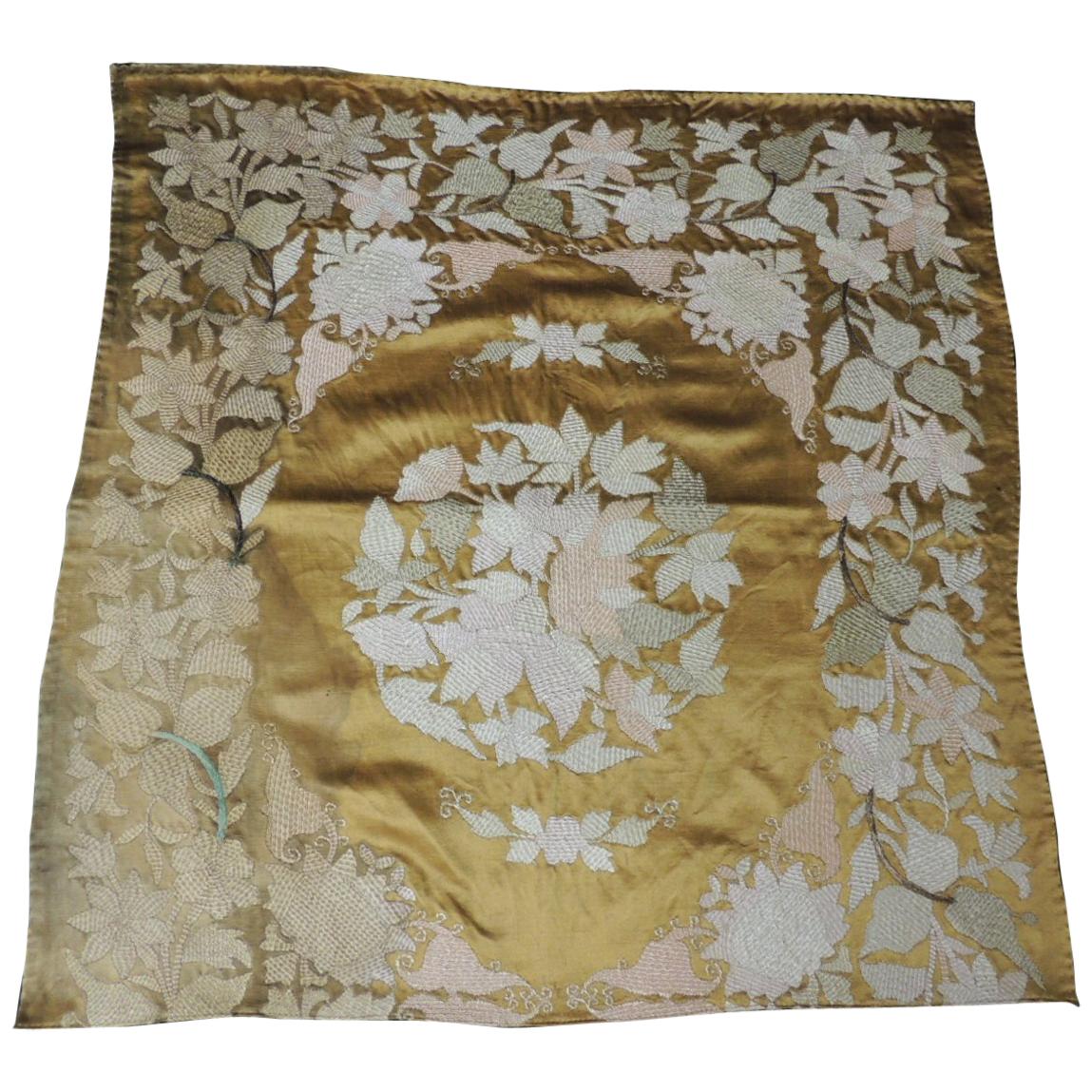 Vintage Gold and Yellow Satin Square Embroidered Suzani Textile Panel