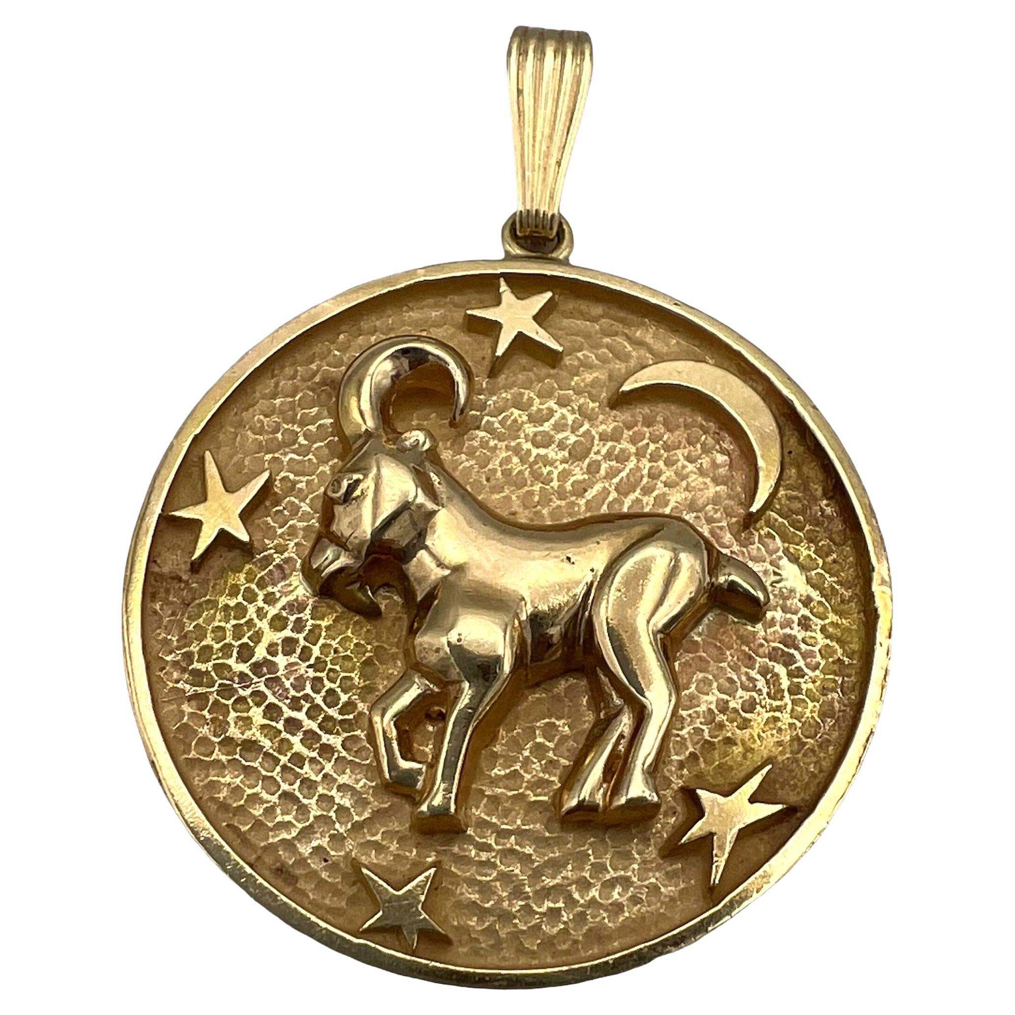 Vintage Gold Astrological Pendant, Capricorn, 14k