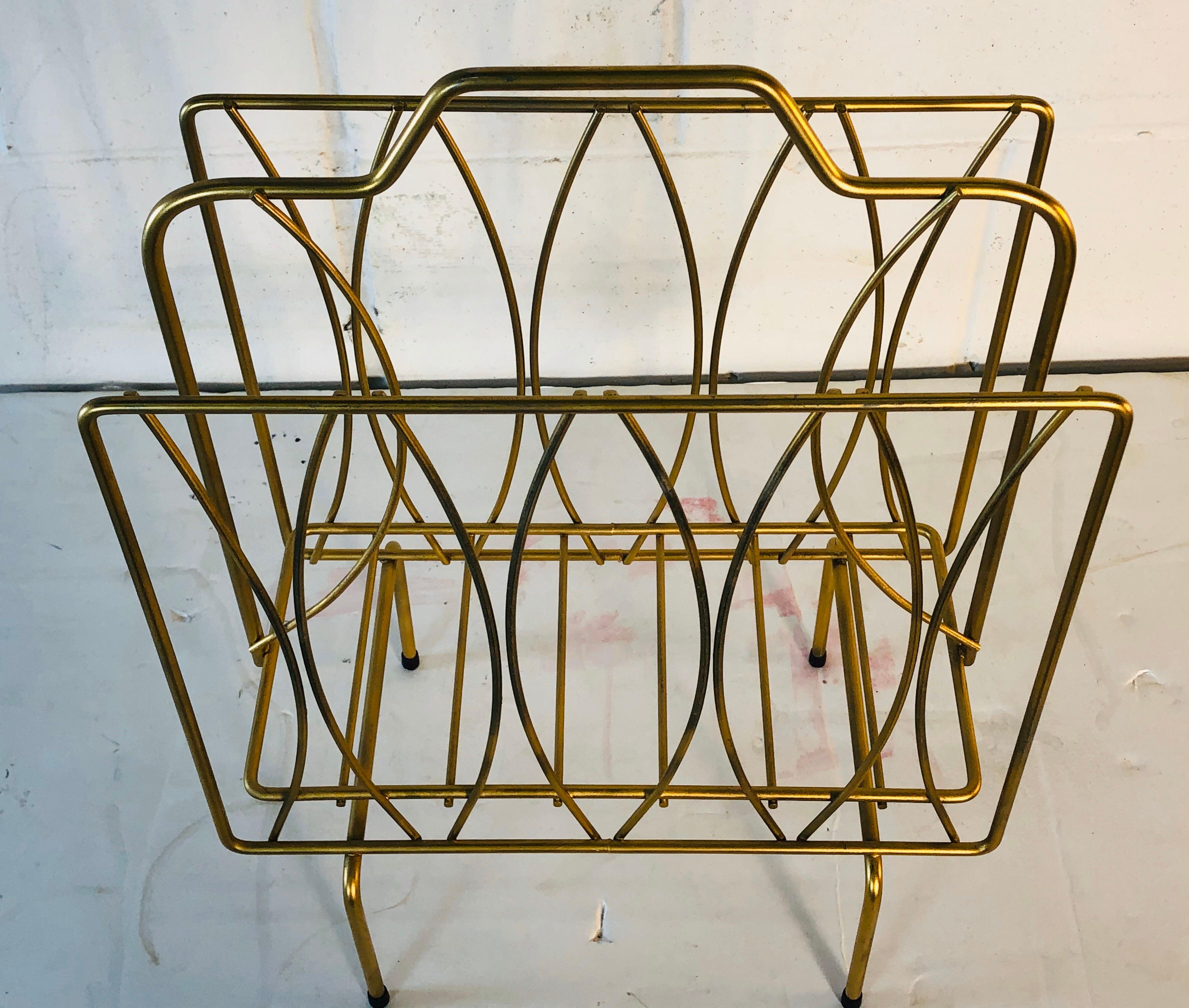 Mid-Century Modern Vintage Gold Atomic Style Magazine Holder For Sale