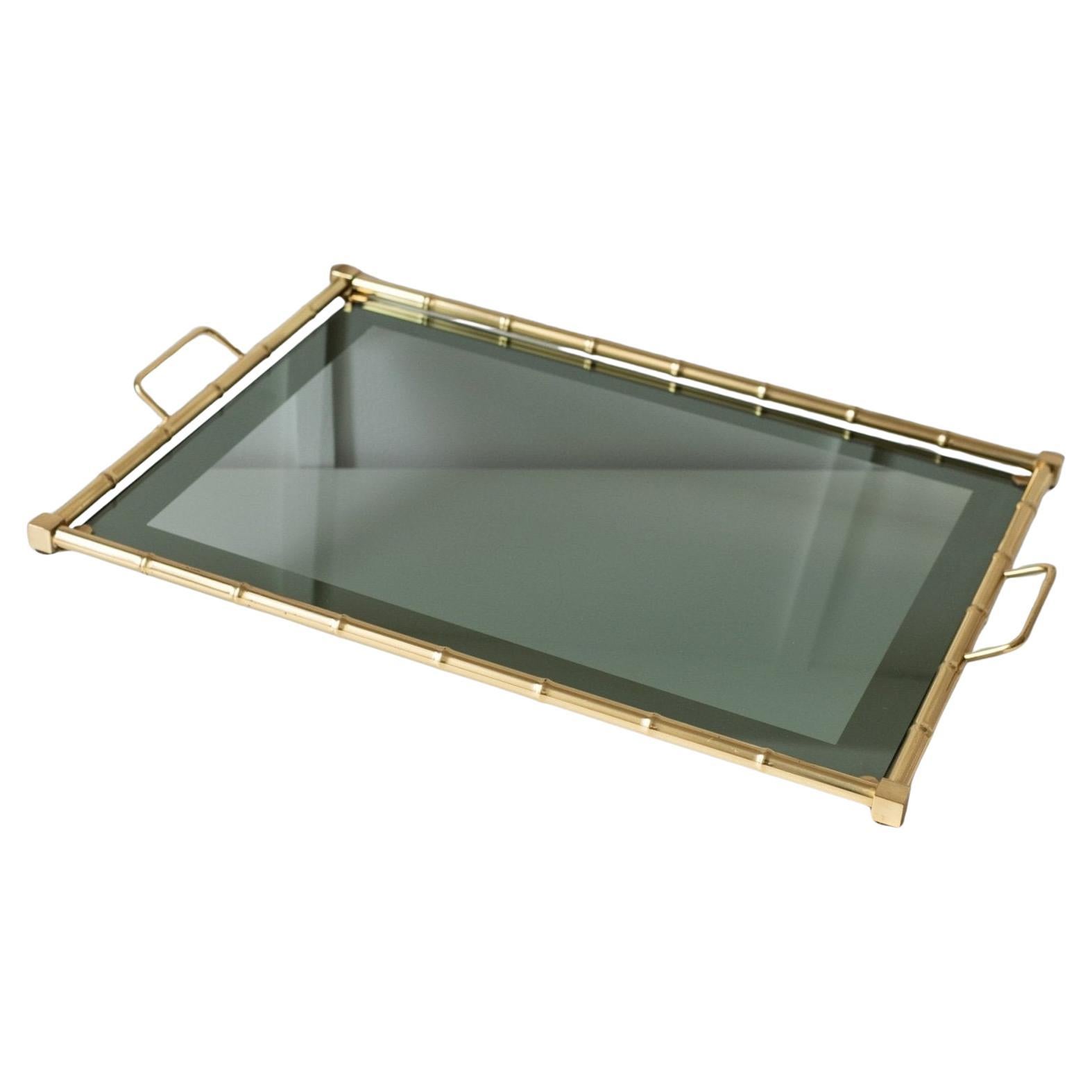 Vintage Gold Bamboo Tray Goldplated with Smoked Glass Hollywood Regency, 1960s