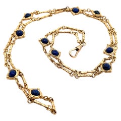 Vintage Gold Bead Lapis Station 33" Long Textured Necklace w/ Swivel Dog Clip