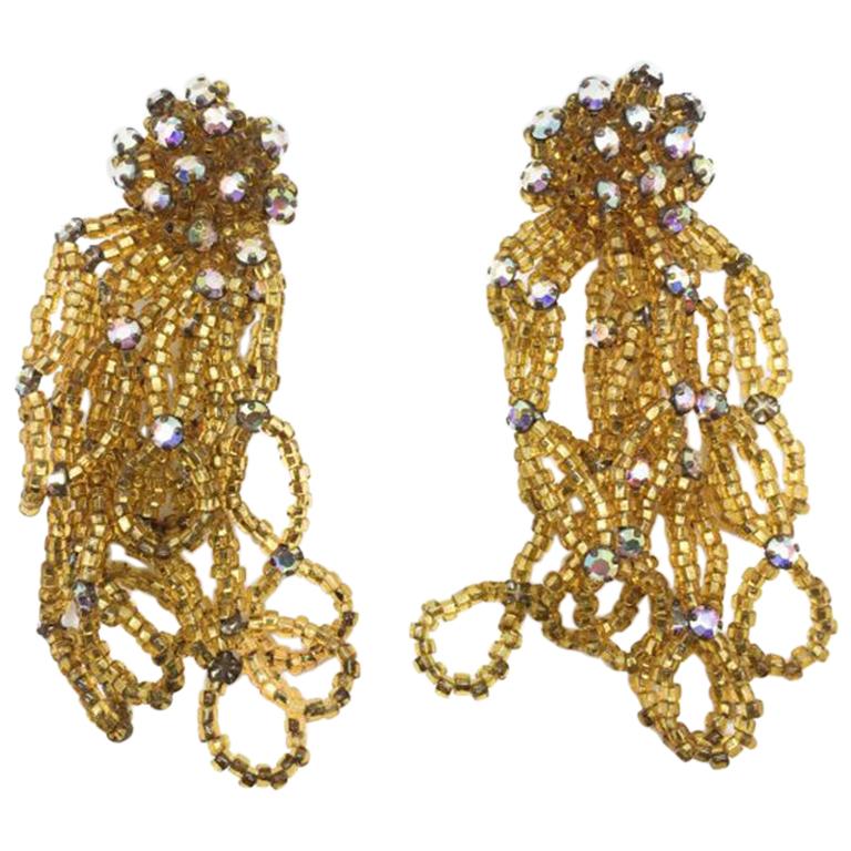 Vintage Gold Bead Statement Cascade Earrings 1960s For Sale