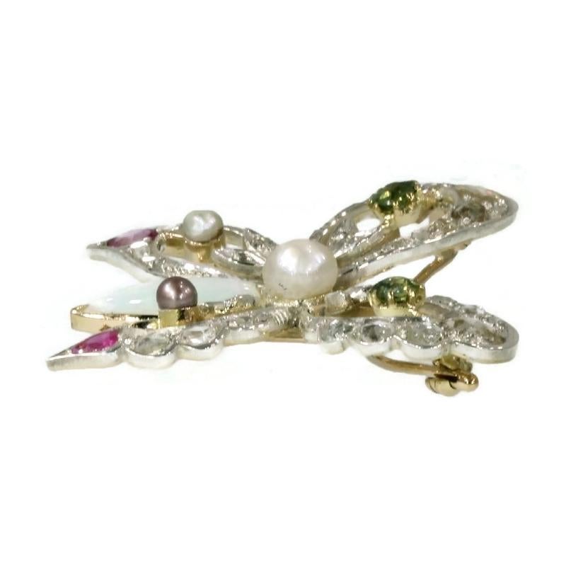 Vintage Gold Bejeweled Colorful Butterfly Brooch with Diamonds, Rubies and Opal In Excellent Condition For Sale In Antwerp, BE