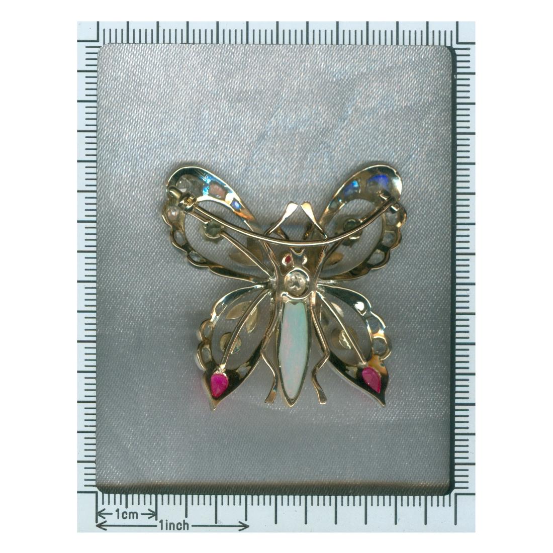 Women's or Men's Vintage Gold Bejeweled Colorful Butterfly Brooch with Diamonds, Rubies and Opal For Sale