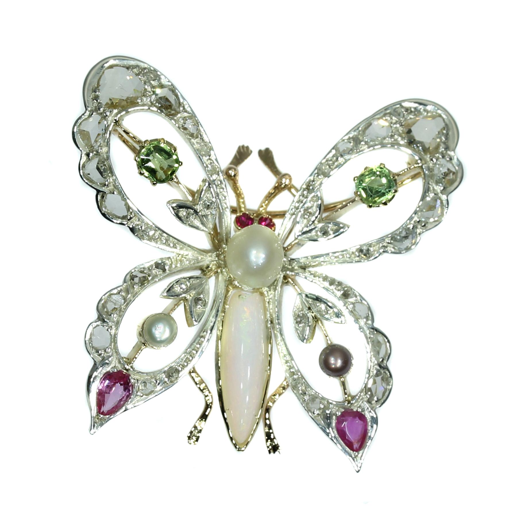 Vintage Gold Bejeweled Colorful Butterfly Brooch with Diamonds, Rubies and Opal For Sale