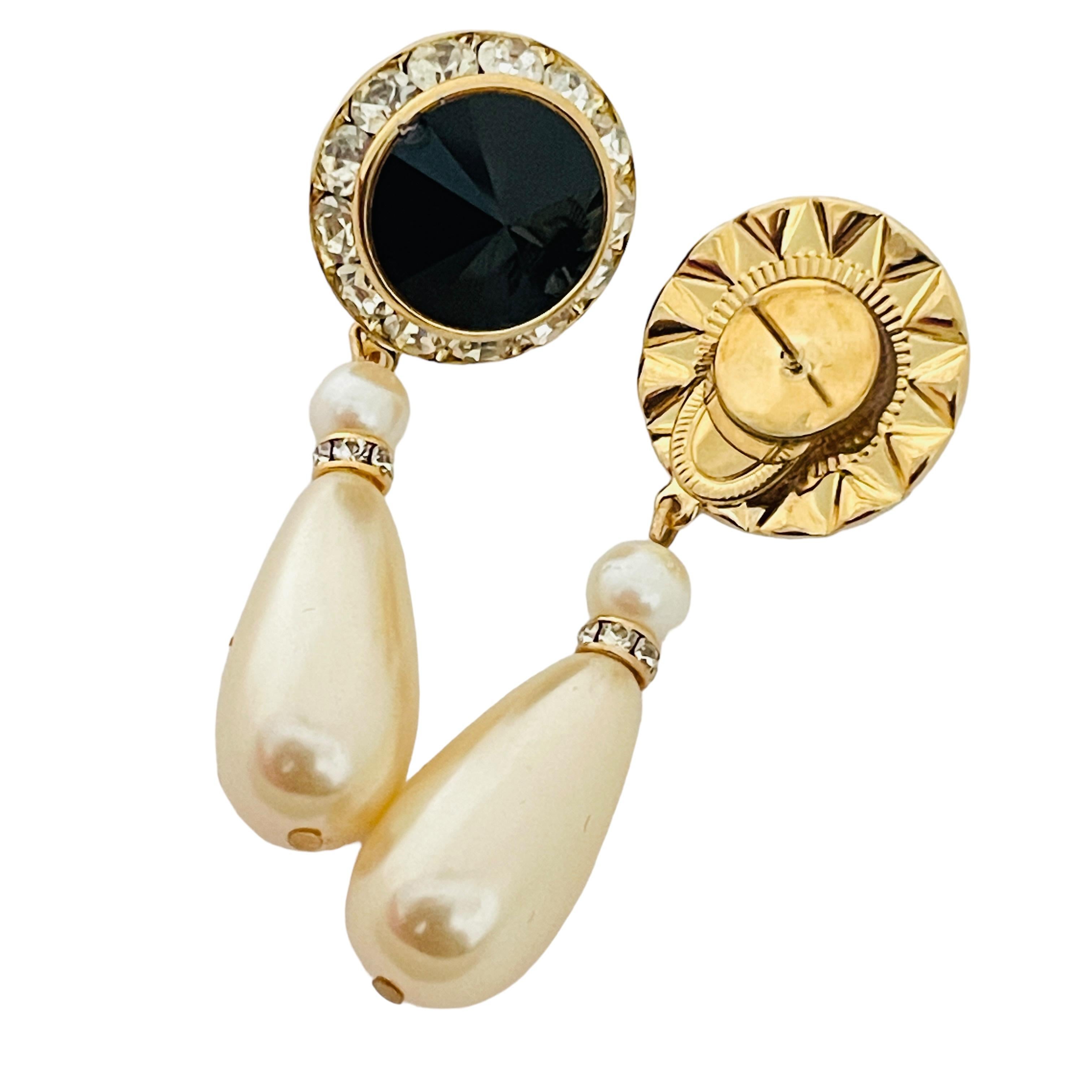 Vintage gold black rivioli glass clear rhinestones drop pearl designer earrings In Good Condition For Sale In Palos Hills, IL