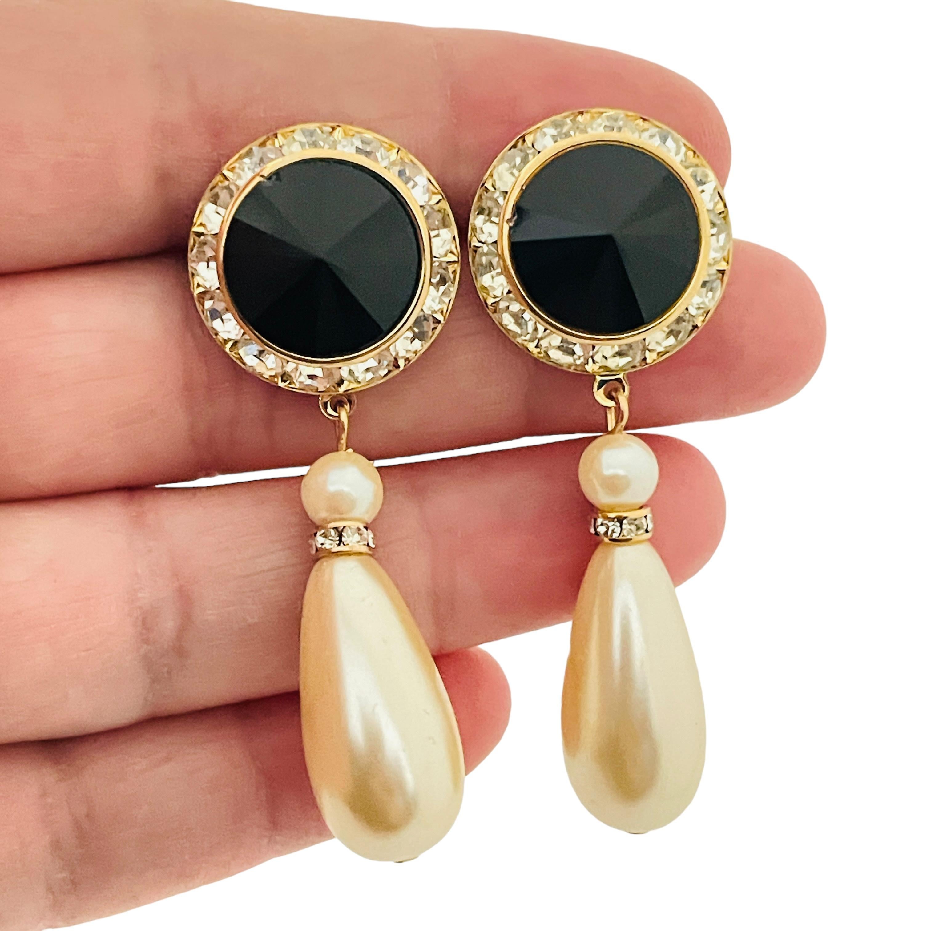 Women's Vintage gold black rivioli glass clear rhinestones drop pearl designer earrings For Sale