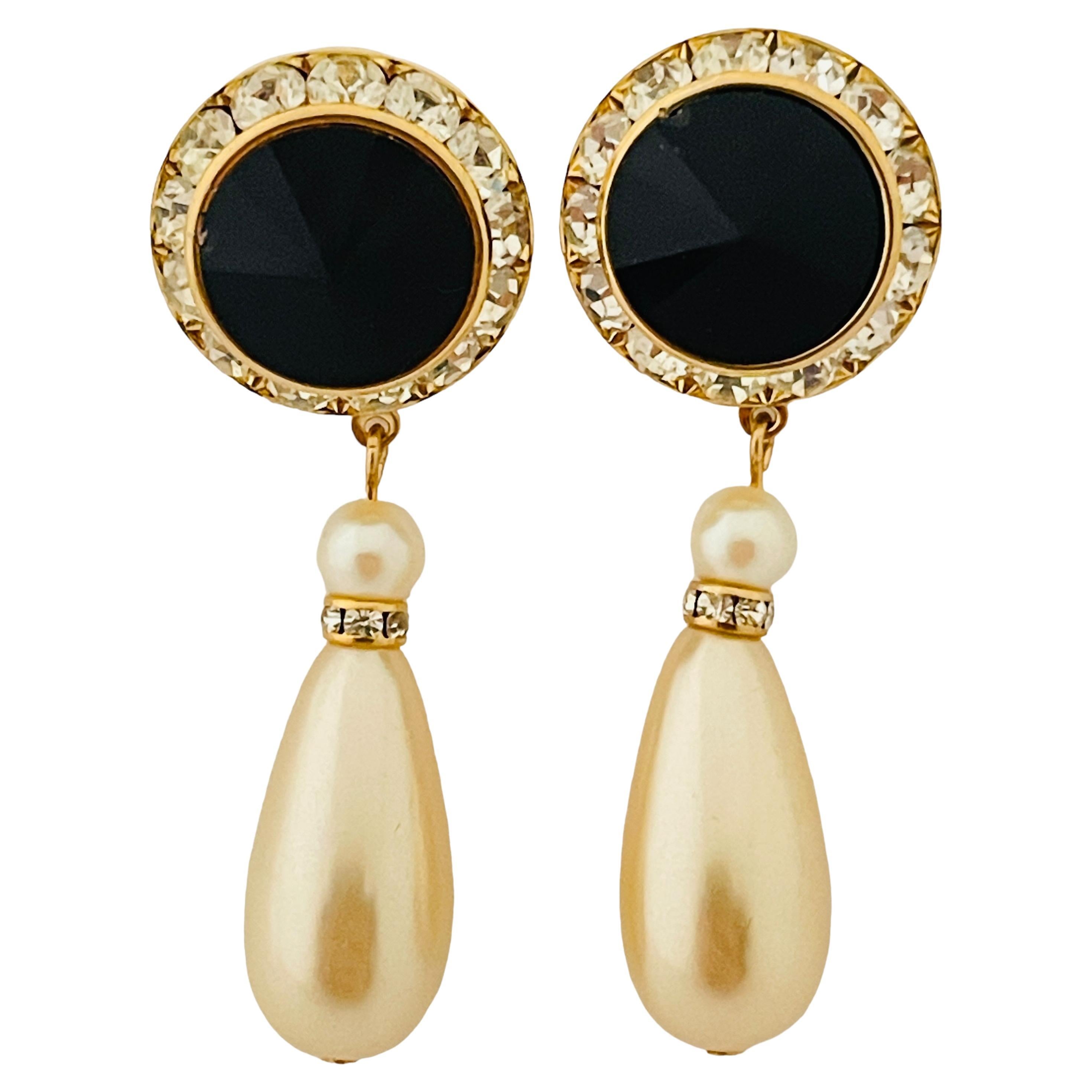 Vintage gold black rivioli glass clear rhinestones drop pearl designer earrings For Sale