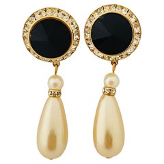 Boucles d'oreilles vintage or noir verre de rivioli strass clair perle goutte d'eau designer