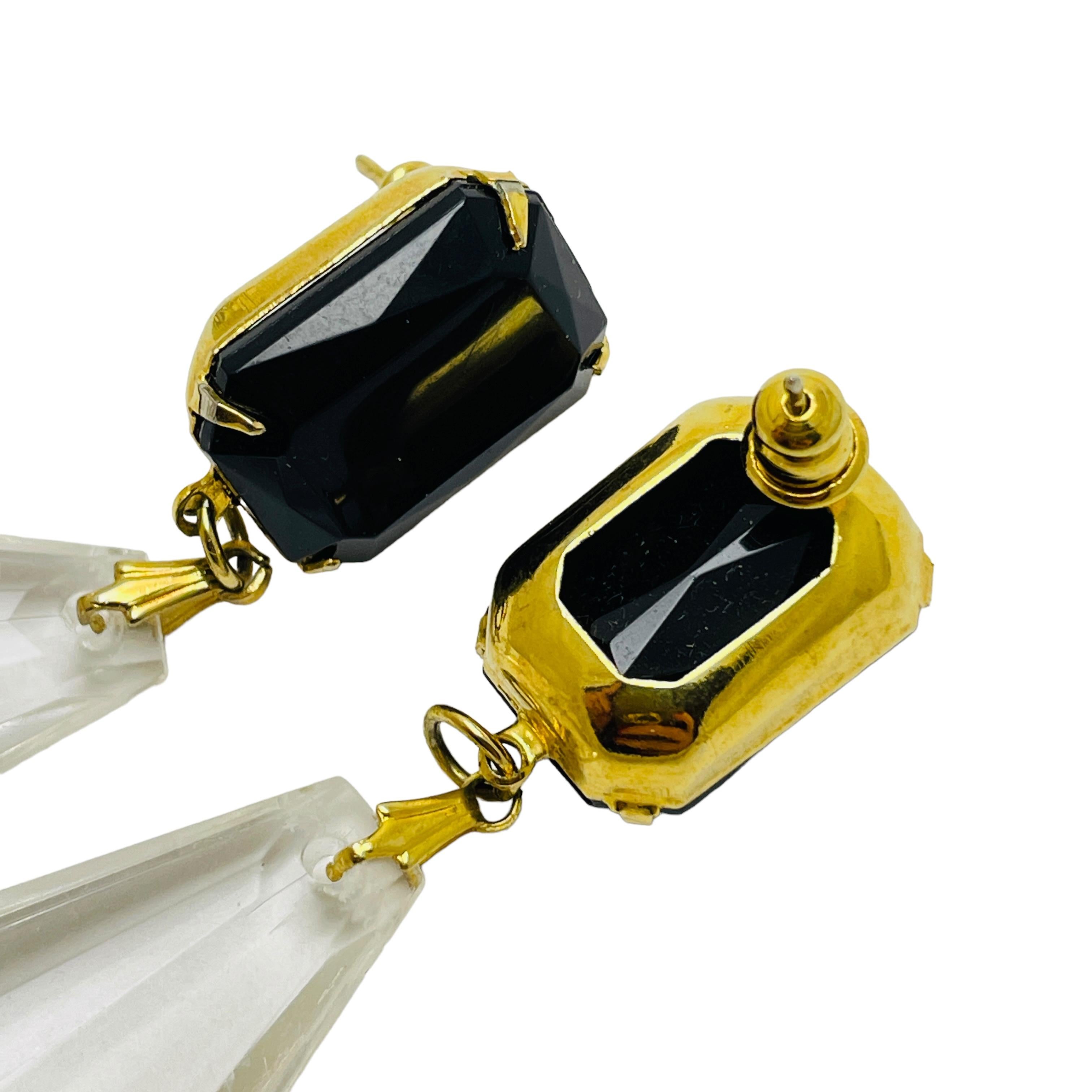 Vintage gold black clear long designer runway pierced earrings In Good Condition For Sale In Palos Hills, IL