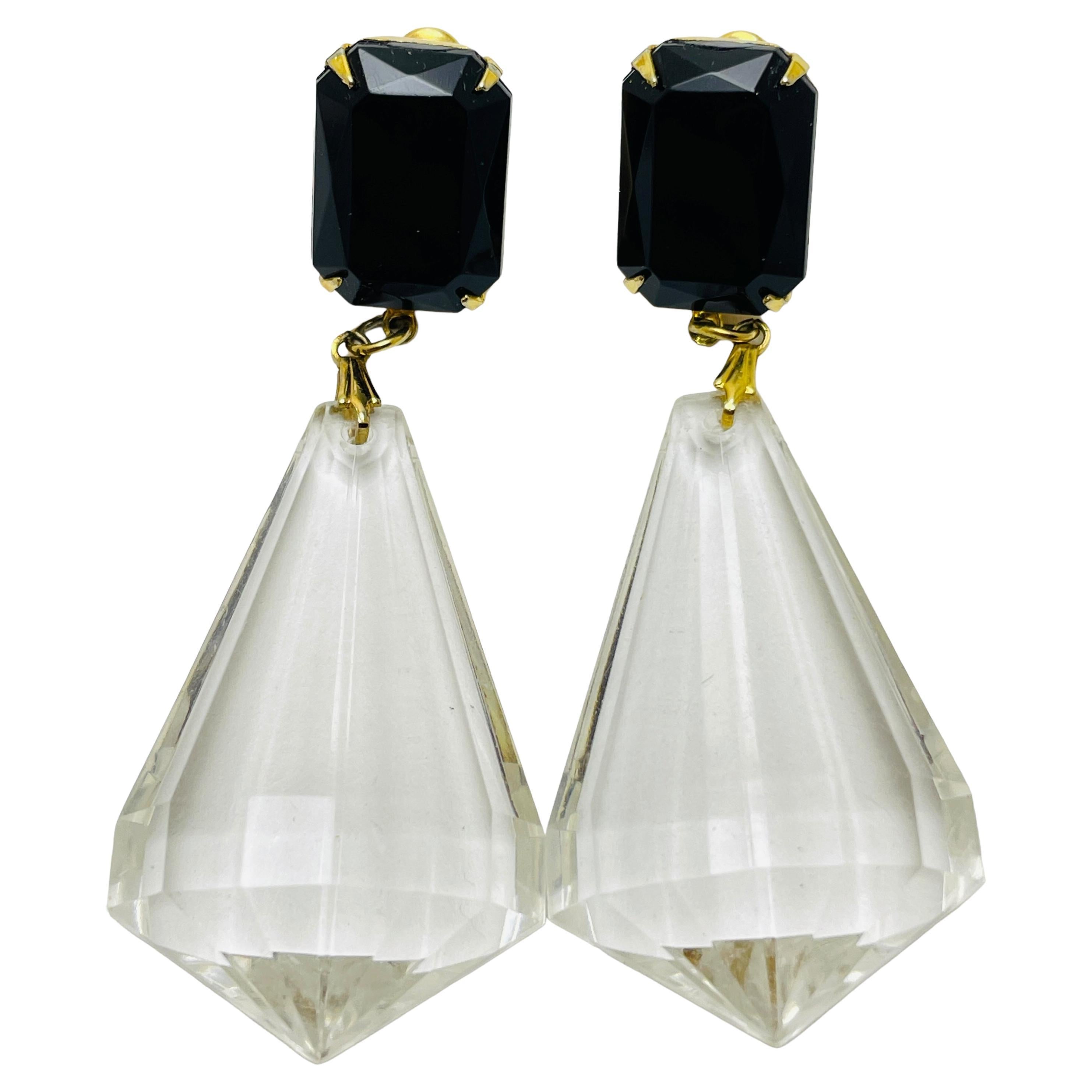 Orecchini a buco vintage in oro nero e trasparente, lunghi e di design