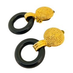Vintage gold black door knocker dangle designer runway clip on earrings