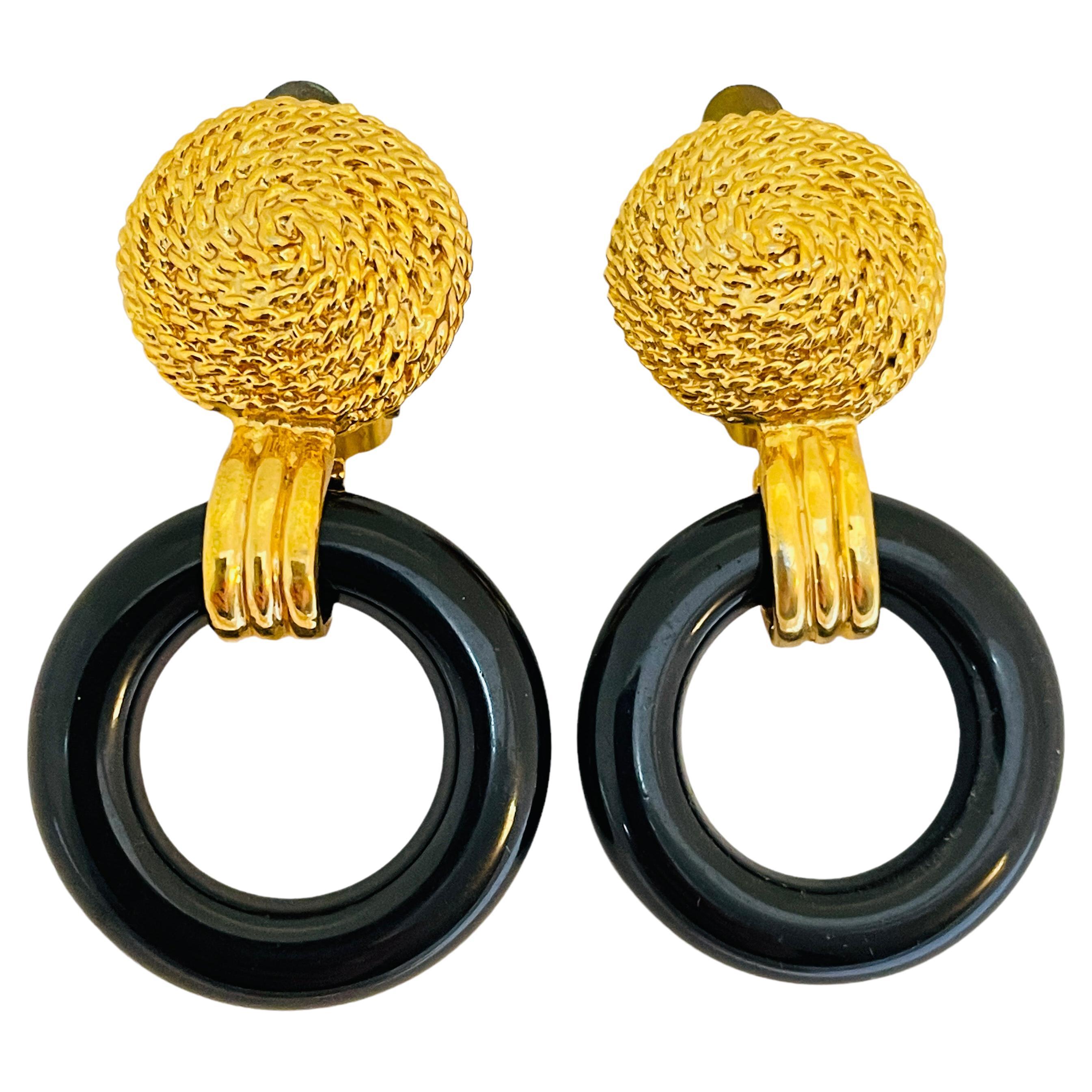 Vintage gold black door knocker dangle designer runway clip on earrings