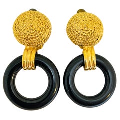 Vintage gold black door knocker dangle designer runway clip on earrings