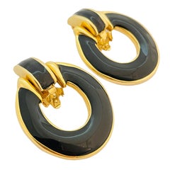 Vintage gold black enamel door knocker designer runway clip on earrings