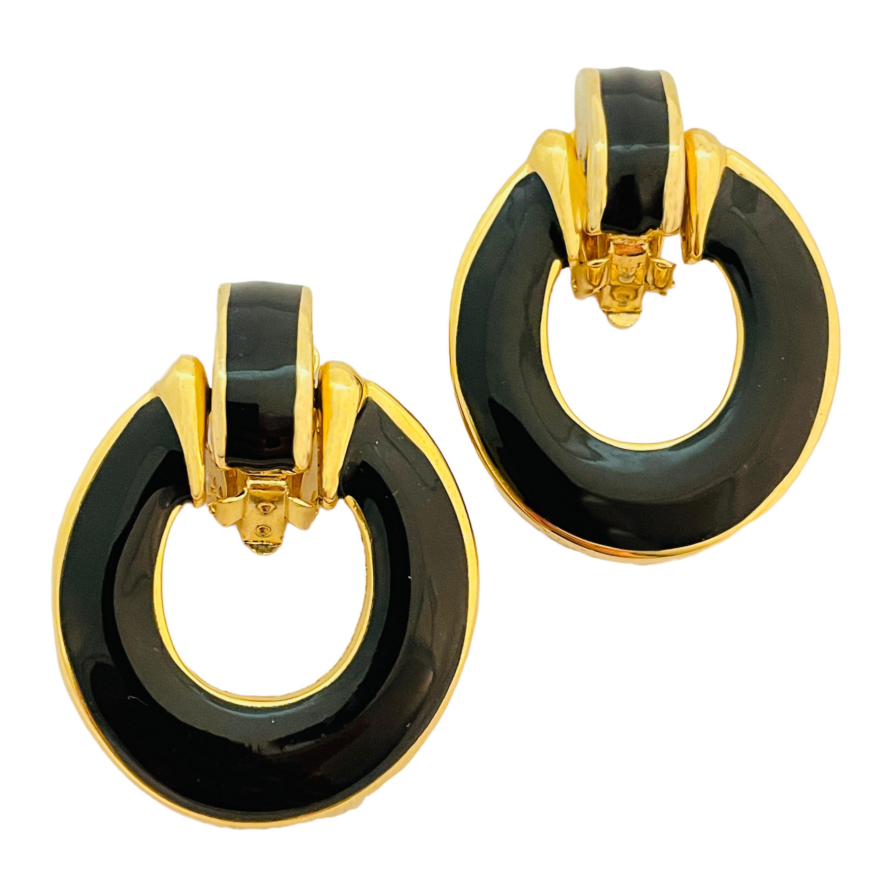 Vintage Gold schwarz Emaille Türklopfer Designer Start-und Landebahn Clip auf Ohrringe