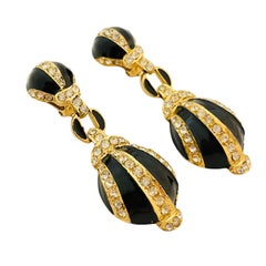 Vintage gold black enamel rhinestones dangle designer runway clip on earrings