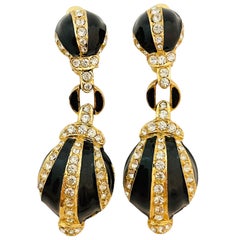 Vintage gold black enamel rhinestones dangle designer runway clip on earrings