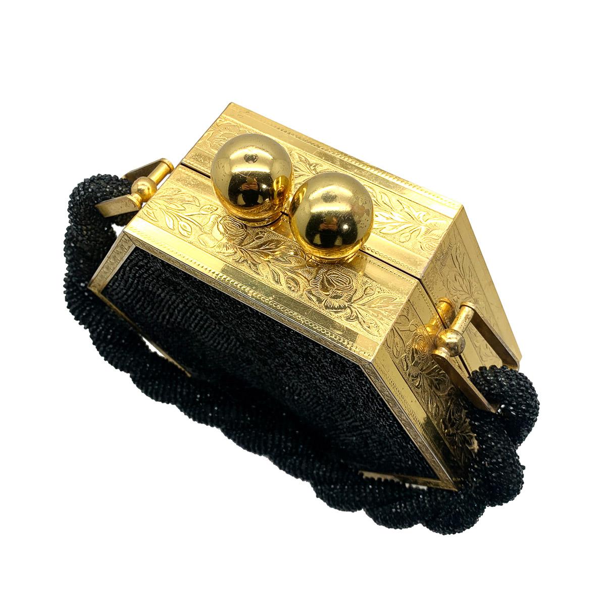 Vintage Gold & Black Glass Bead Hexagonal Minaudiere Evening Purse 1950s In Good Condition In Wilmslow, GB