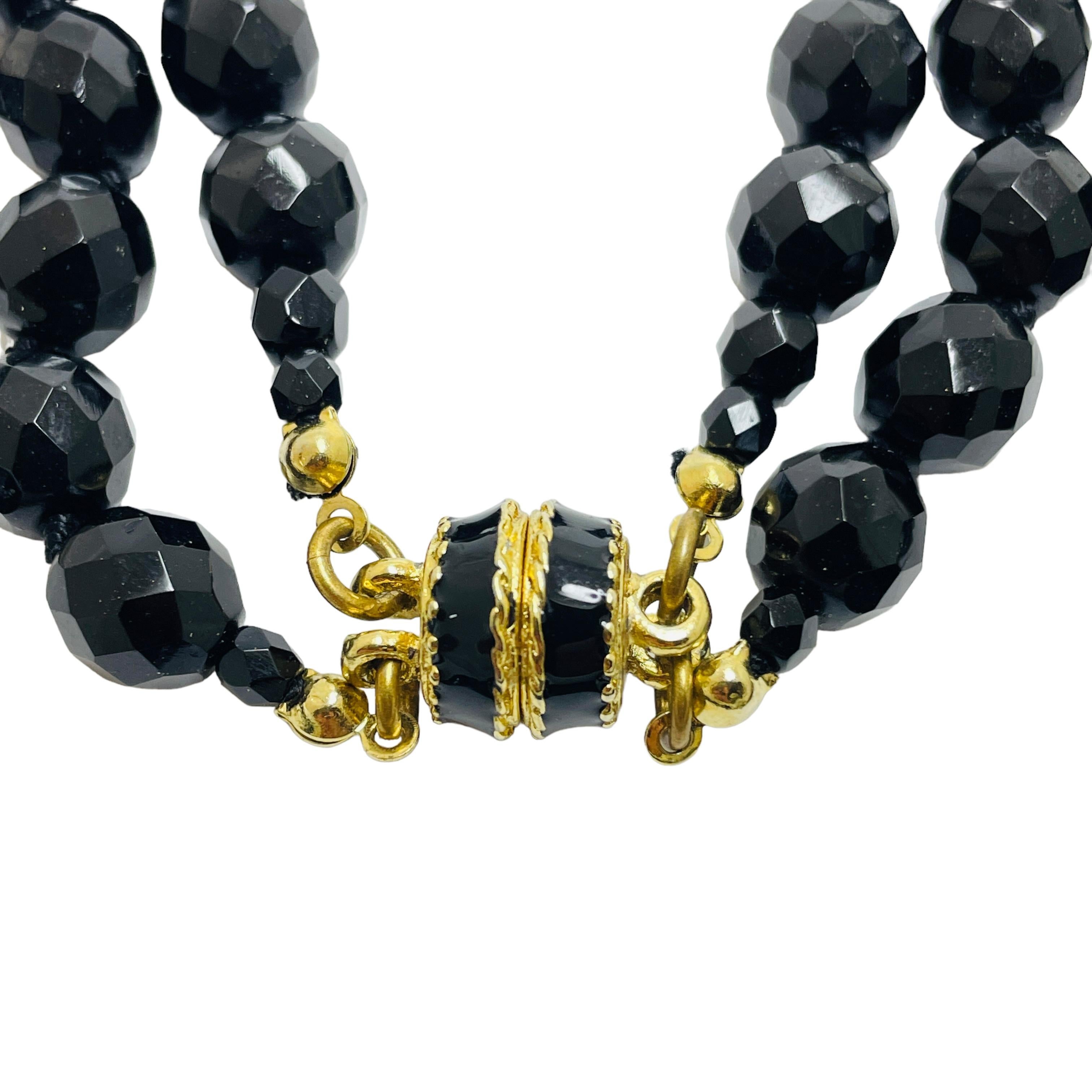 Vintage gold black glass beaded designer necklace In Good Condition For Sale In Palos Hills, IL