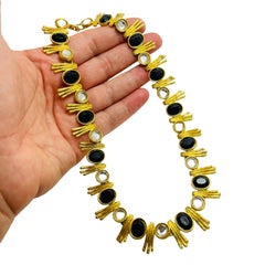 Vintage gold black glass designer runway necklace