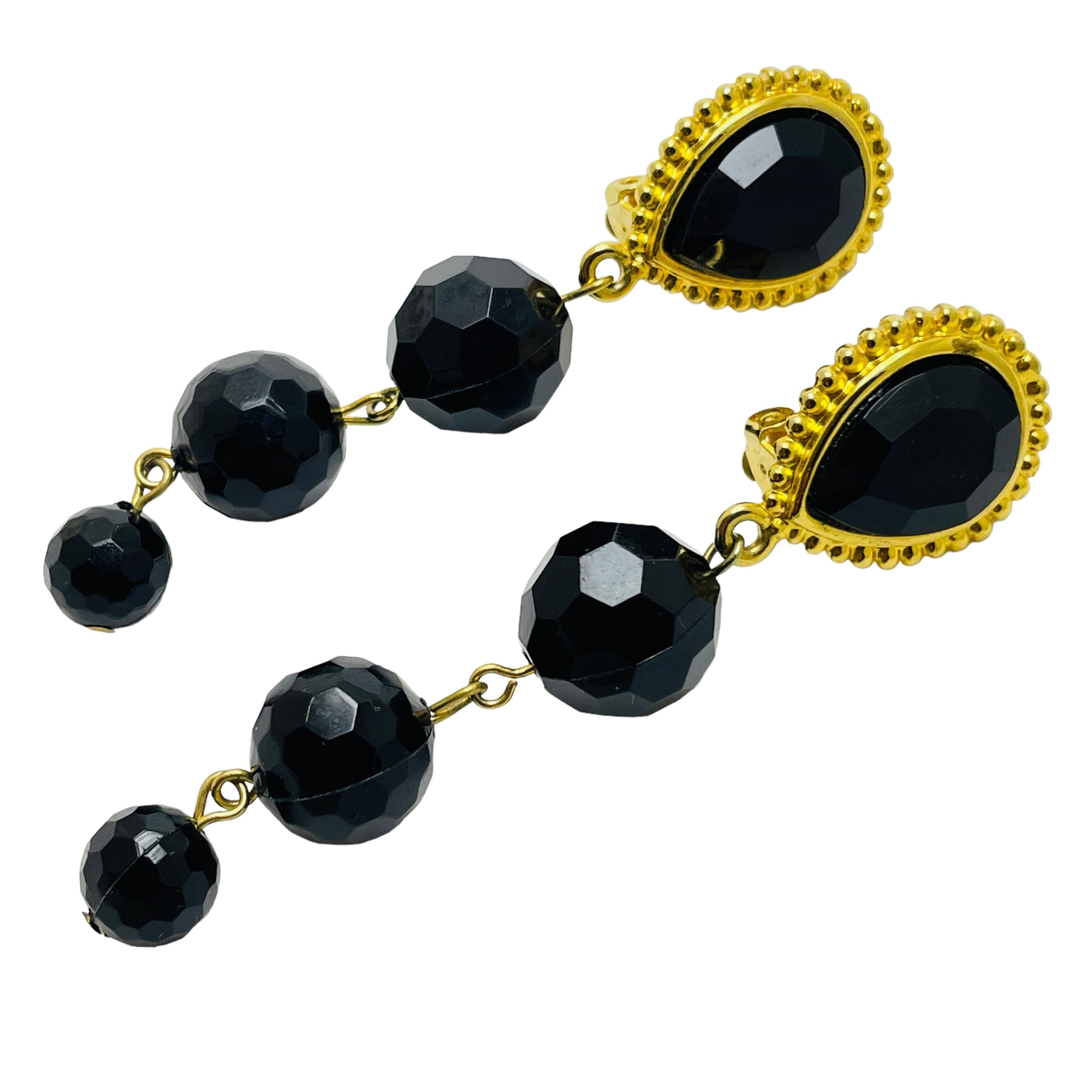 Women's or Men's Vintage gold black glass dangle designer runway clip on earrings For Sale