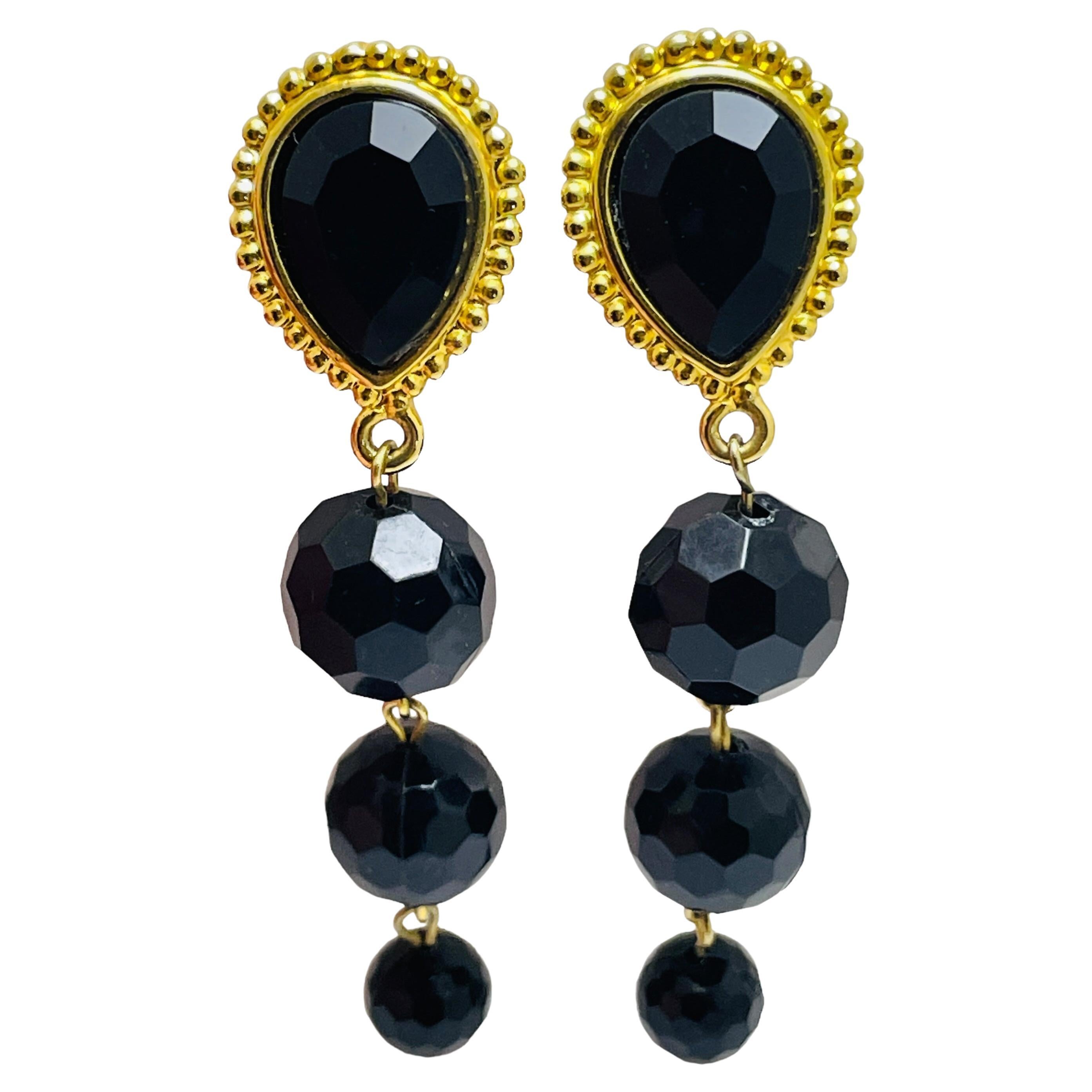 Vintage gold black glass dangle designer runway clip on earrings For Sale