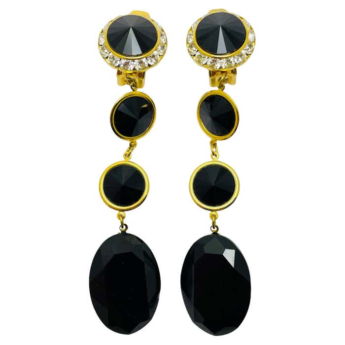 Vintage gold black glass dangle designer runway clip on earrings For ...