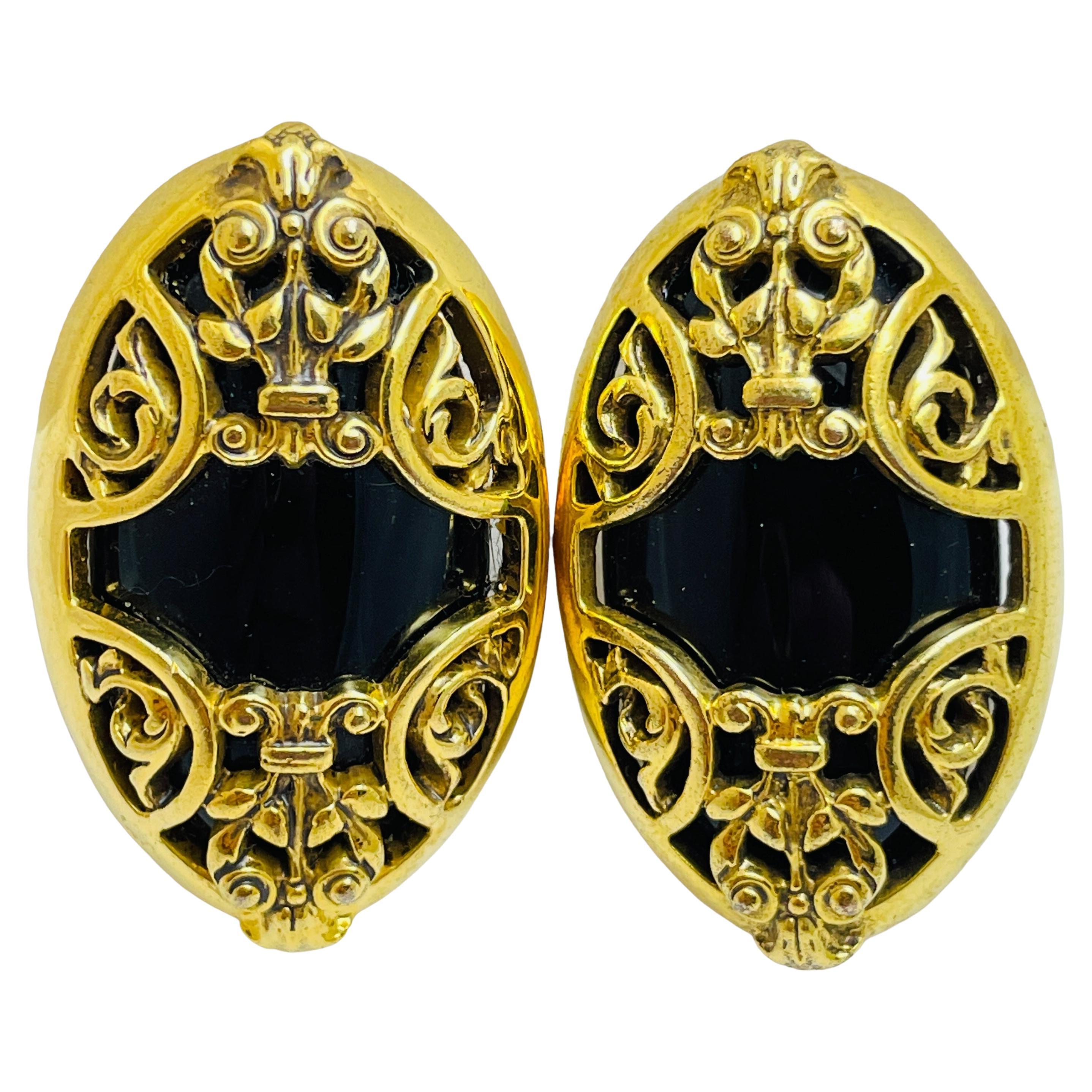 Vintage gold black glass designer runway clip on earrings For Sale