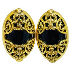Vintage gold black glass designer runway clip on earrings