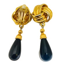 Vintage gold black glass drop clip on 80’s earrings