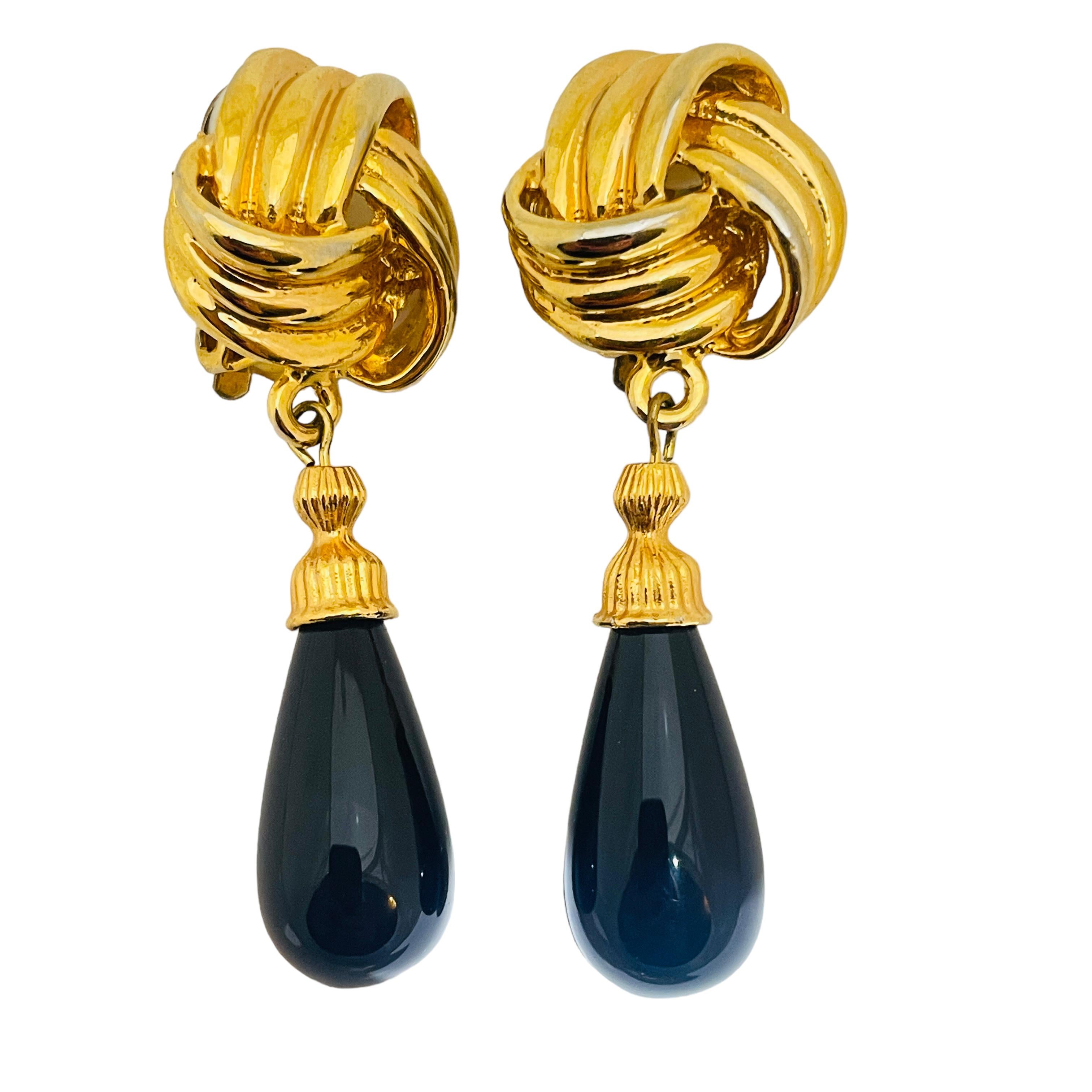 Women's or Men's Vintage gold black glass drop clip on 80’s earrings   For Sale